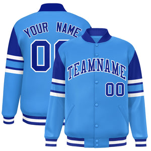 Custom Powder Blue Varsity Full-Snap Color Block Letterman Jacket