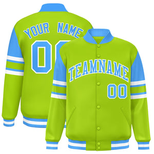 Custom Neon Green Varsity Full-Snap Color Block Letterman Jacket