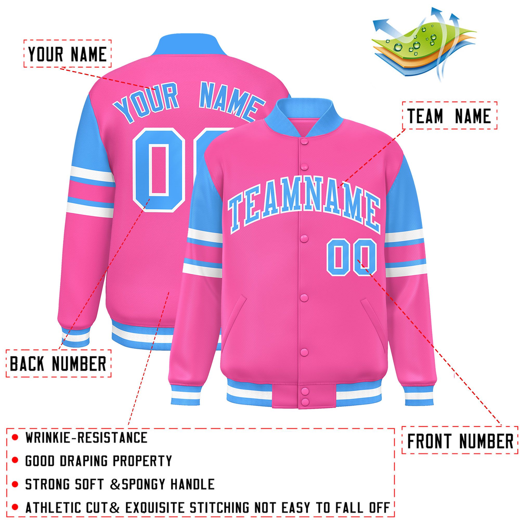 Custom Pink Varsity Full-Snap Color Block Letterman Jacket