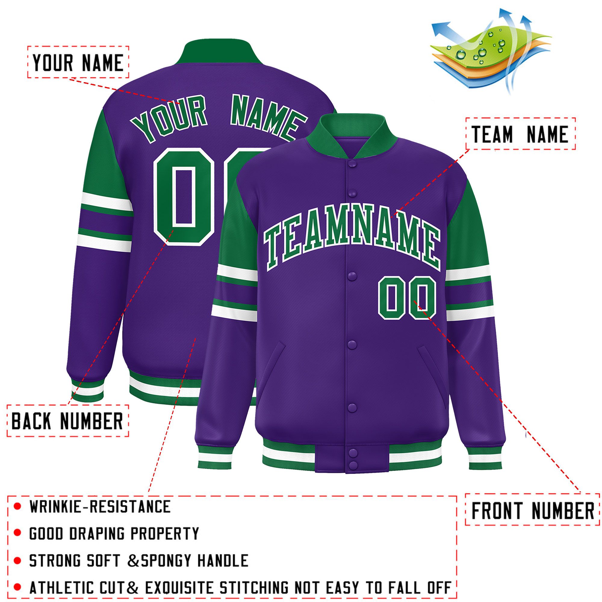 Custom Purple Varsity Full-Snap Color Block Letterman Jacket