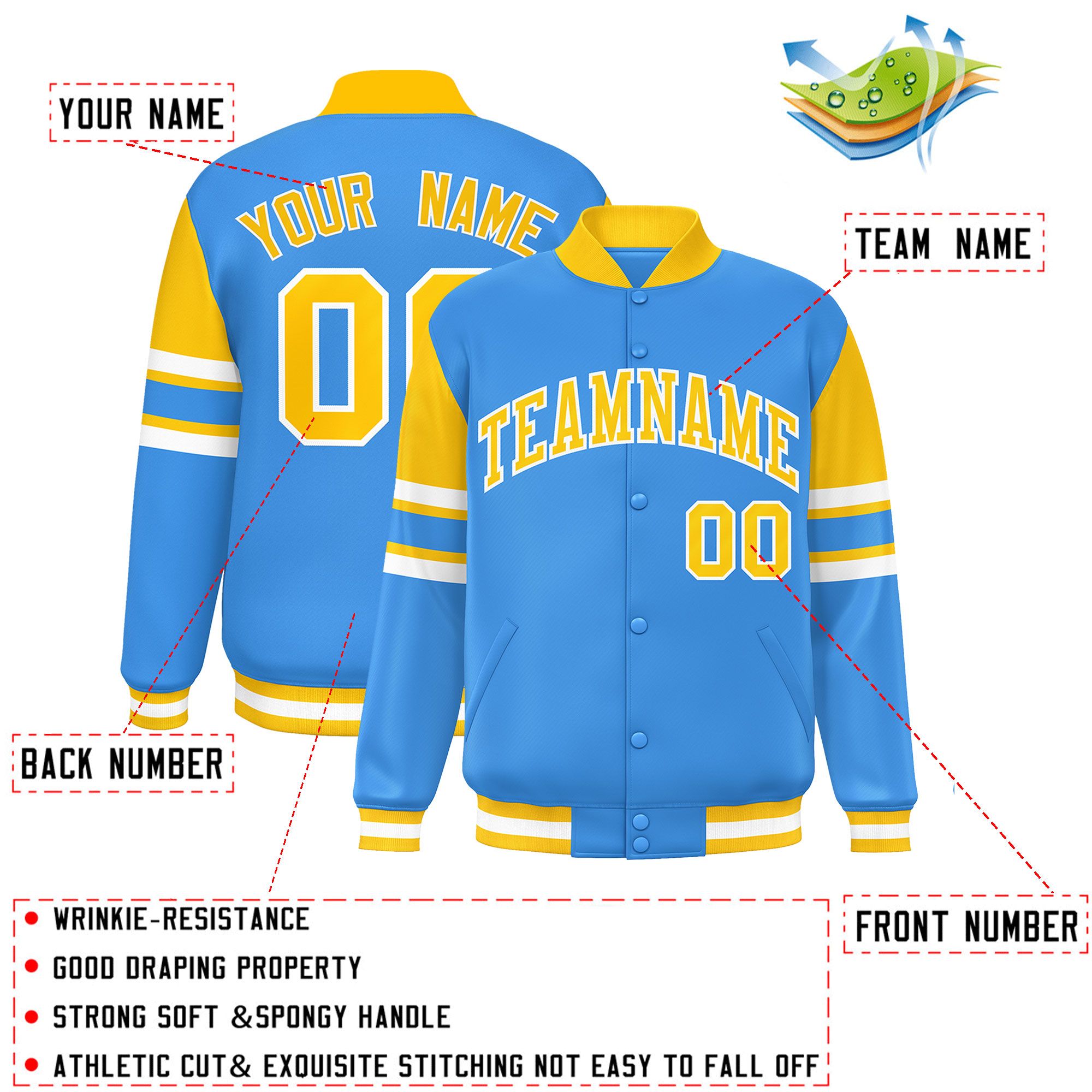 Custom Powder Blue Varsity Full-Snap Color Block Letterman Jacket