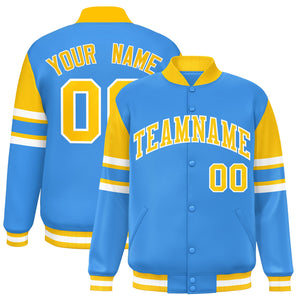 Custom Powder Blue Varsity Full-Snap Color Block Letterman Jacket