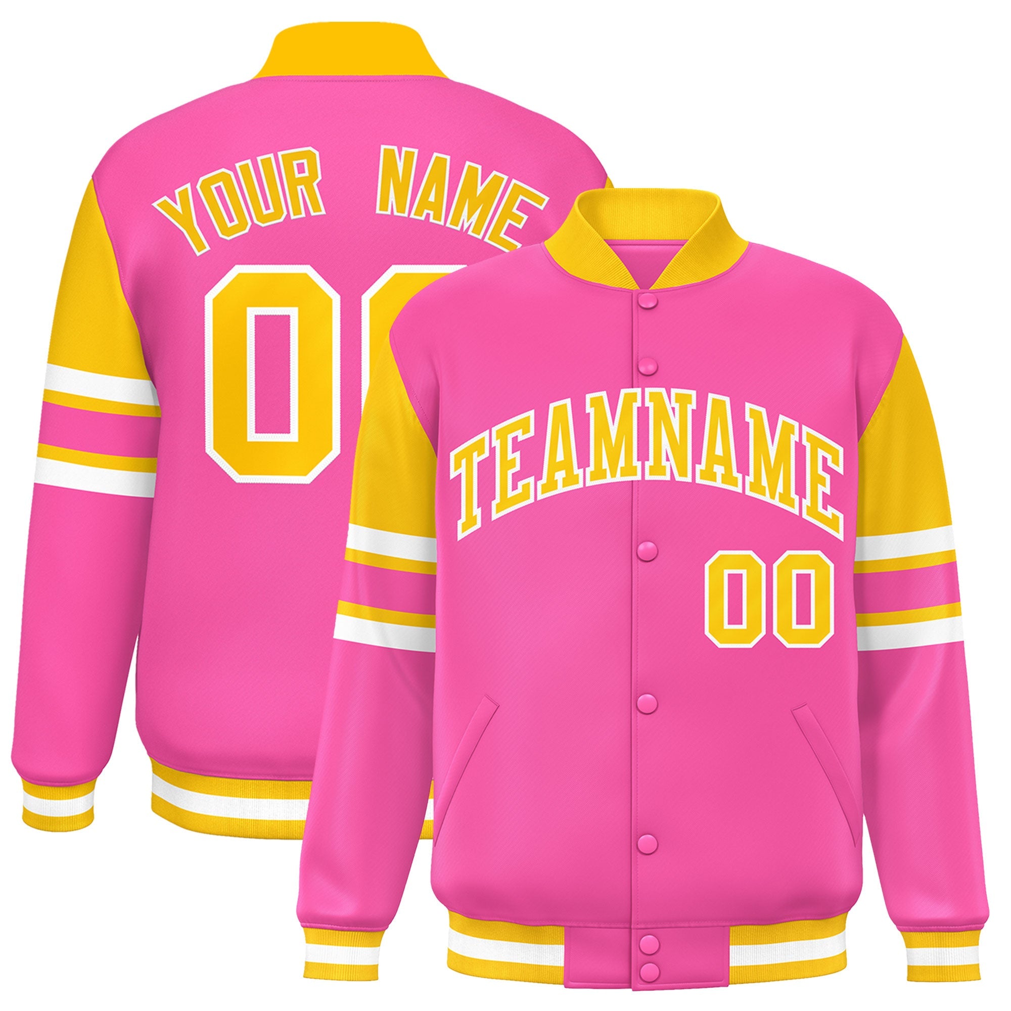 Custom Pink Varsity Full-Snap Color Block Letterman Jacket