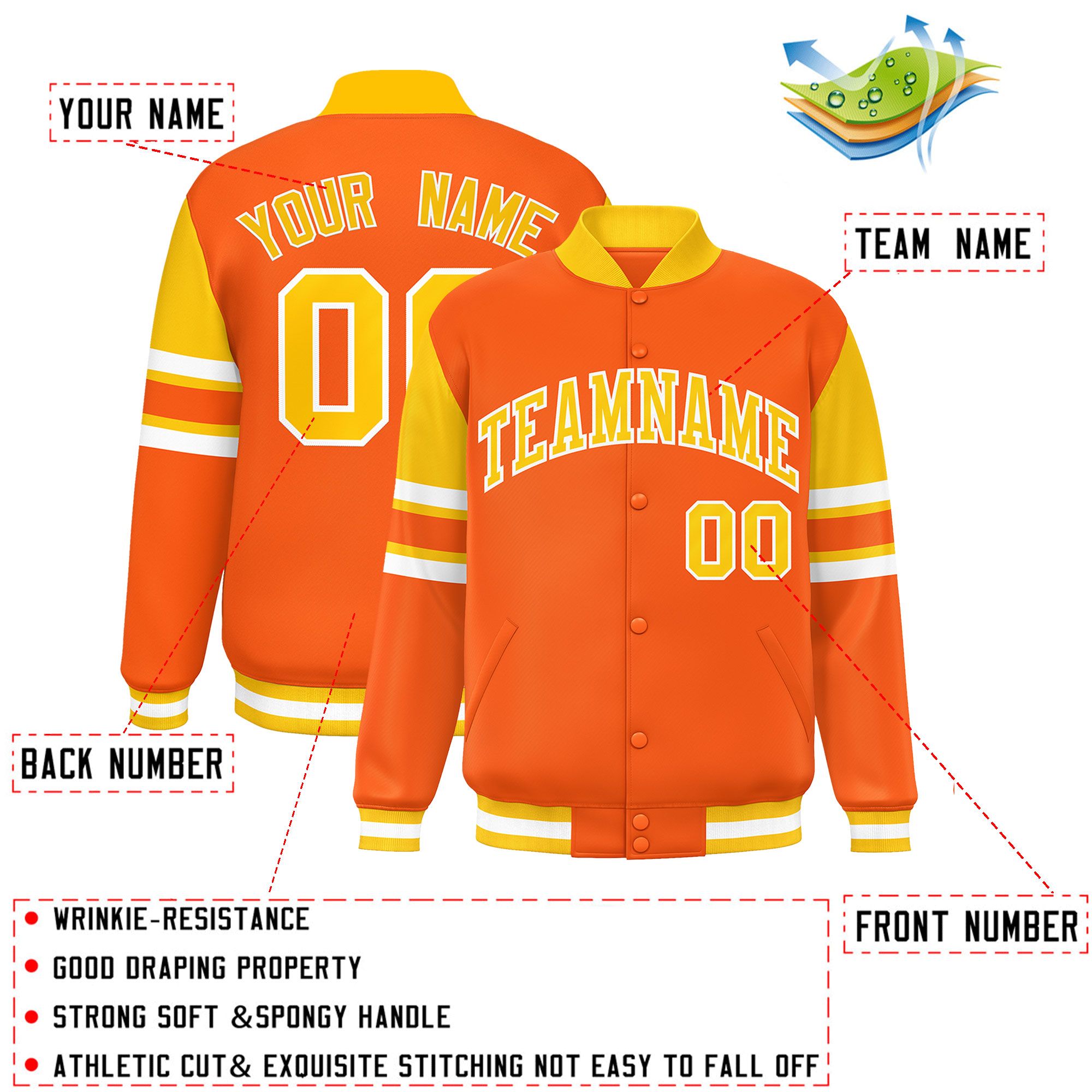 Custom Orange Varsity Full-Snap Color Block Letterman Jacket