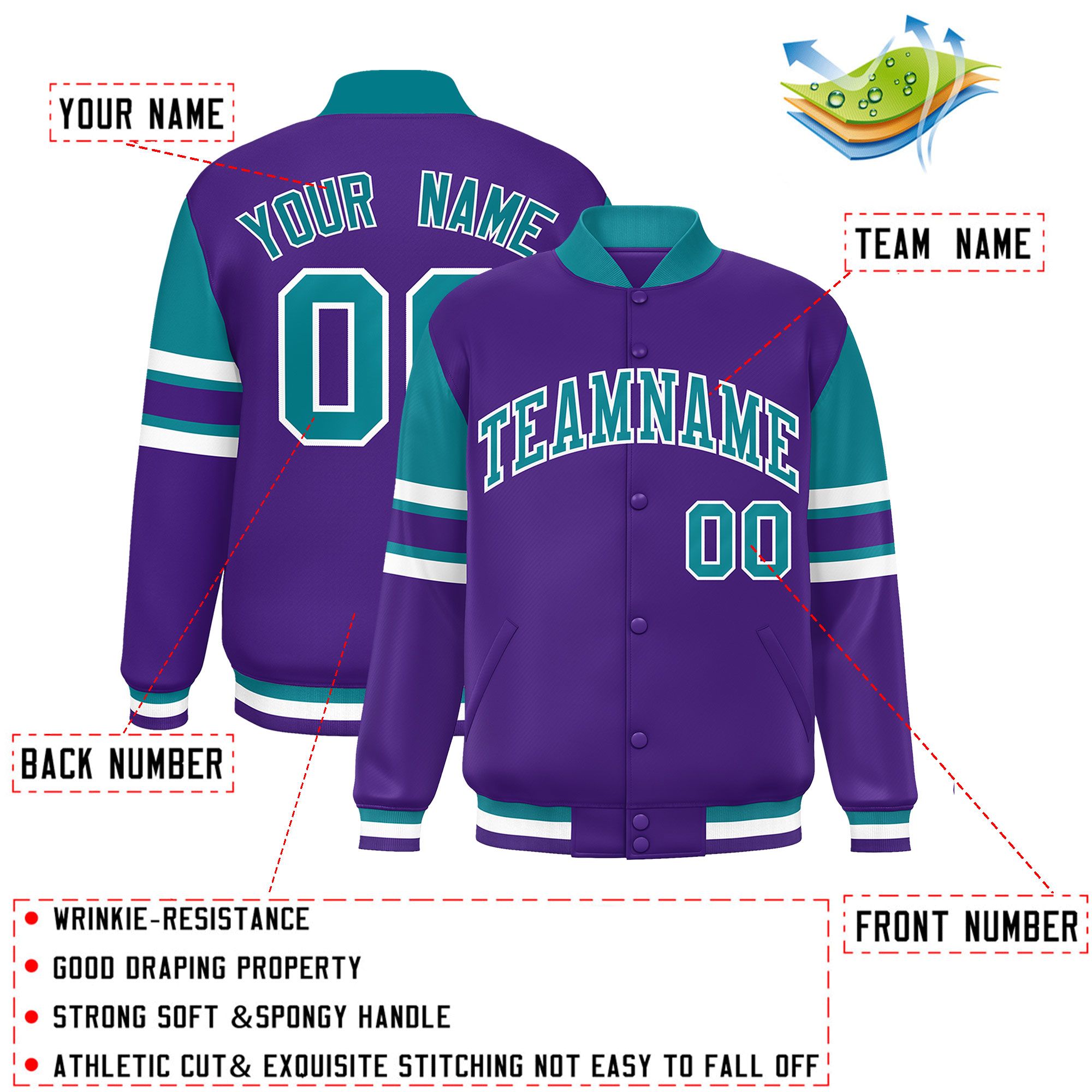 Custom Purple Varsity Full-Snap Color Block Letterman Jacket