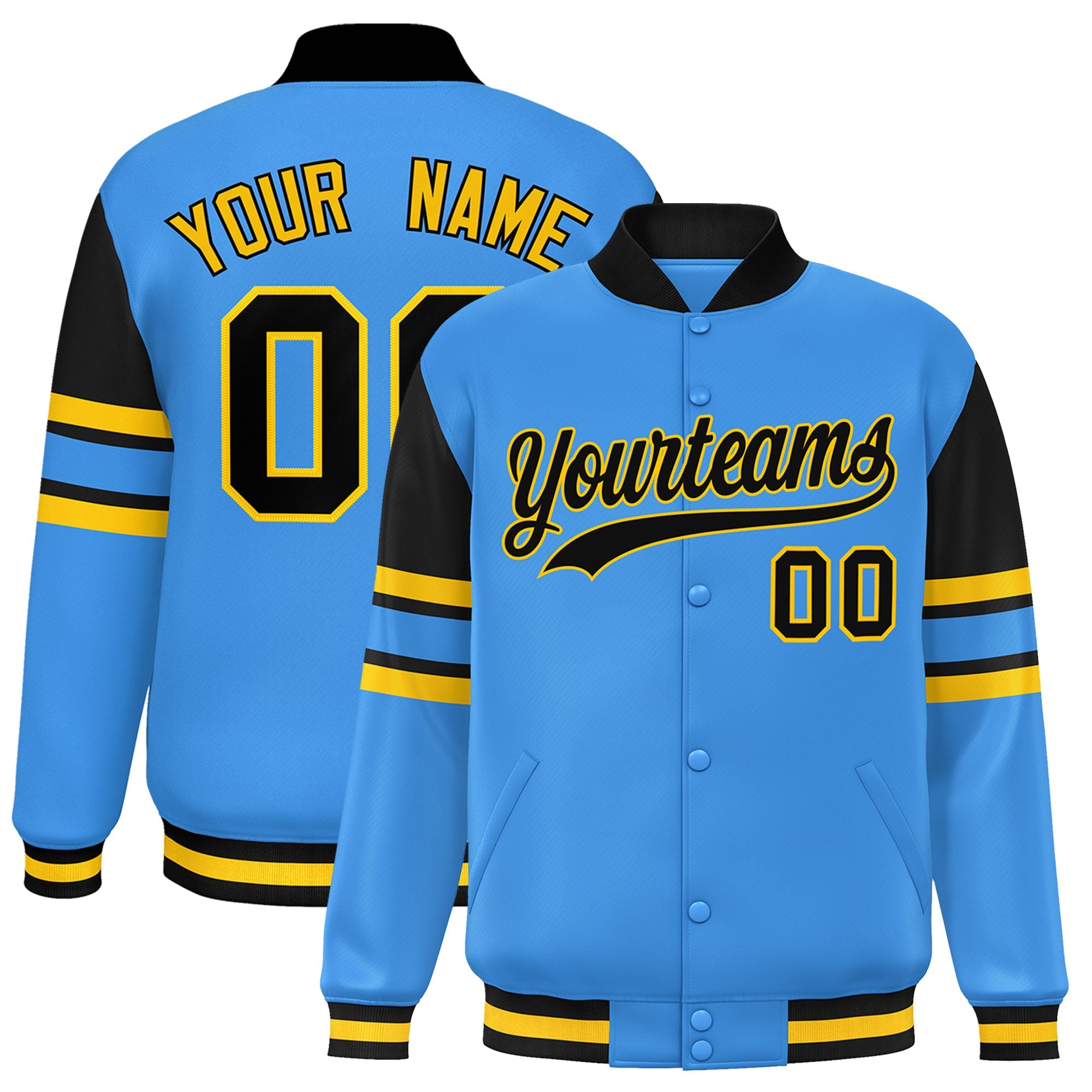 Custom Powder Blue Varsity Full-Snap Color Block Letterman Jacket