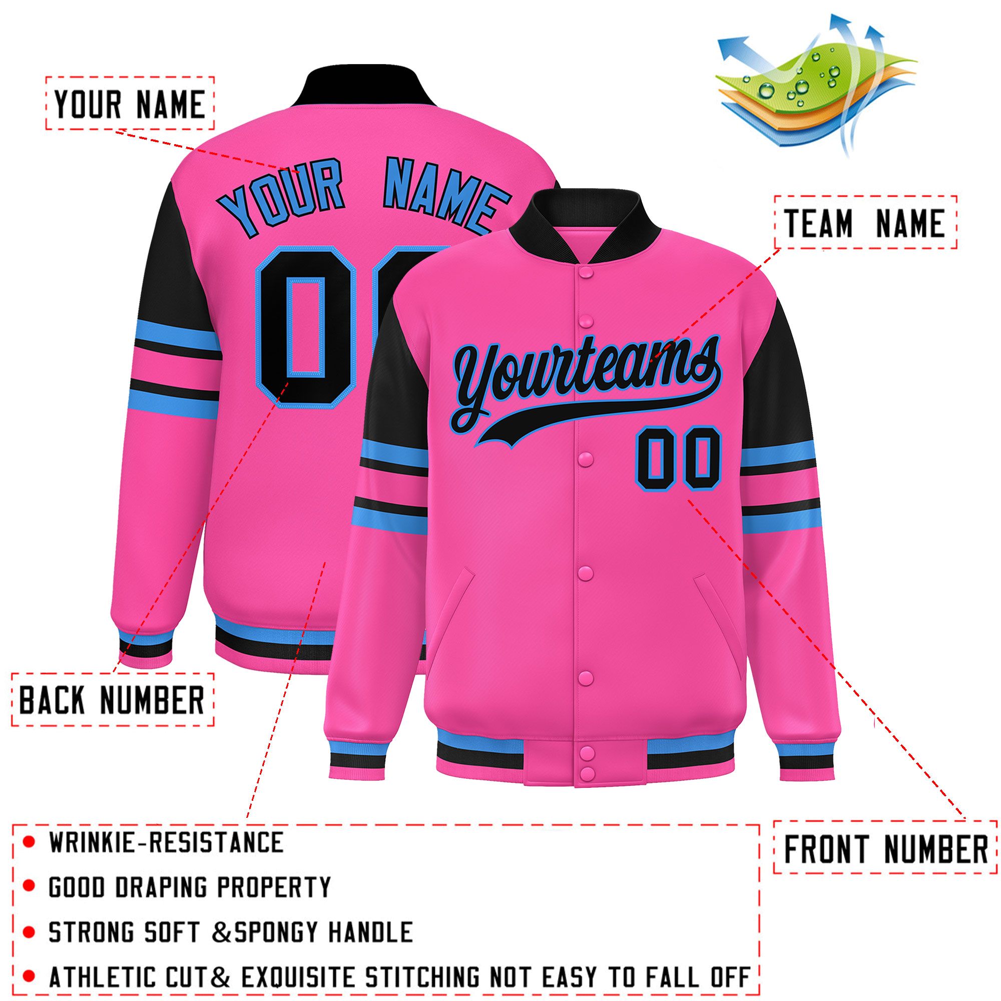 Custom Pink Varsity Full-Snap Color Block Letterman Jacket