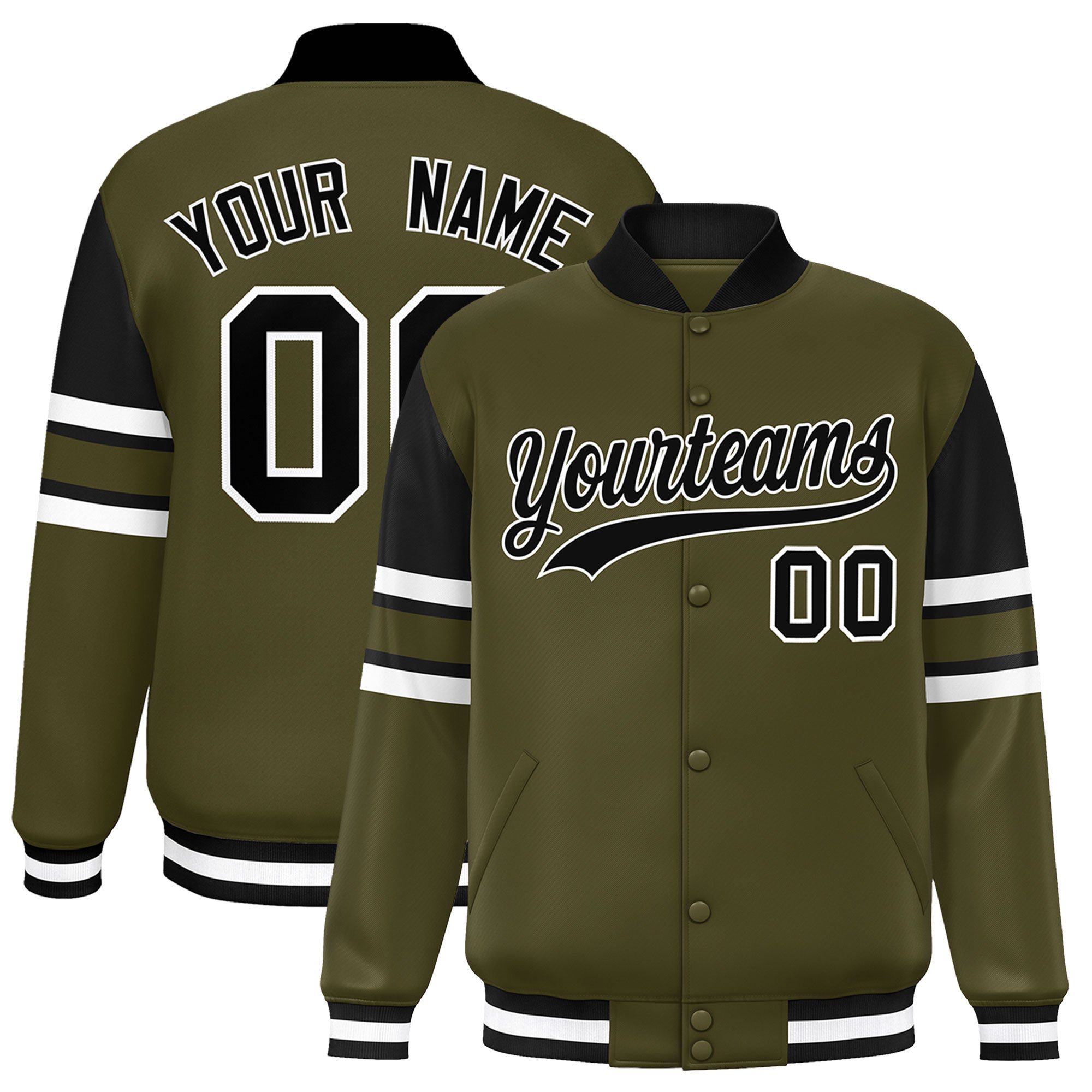 Custom Olive Varsity Full-Snap Color Block Letterman Jacket