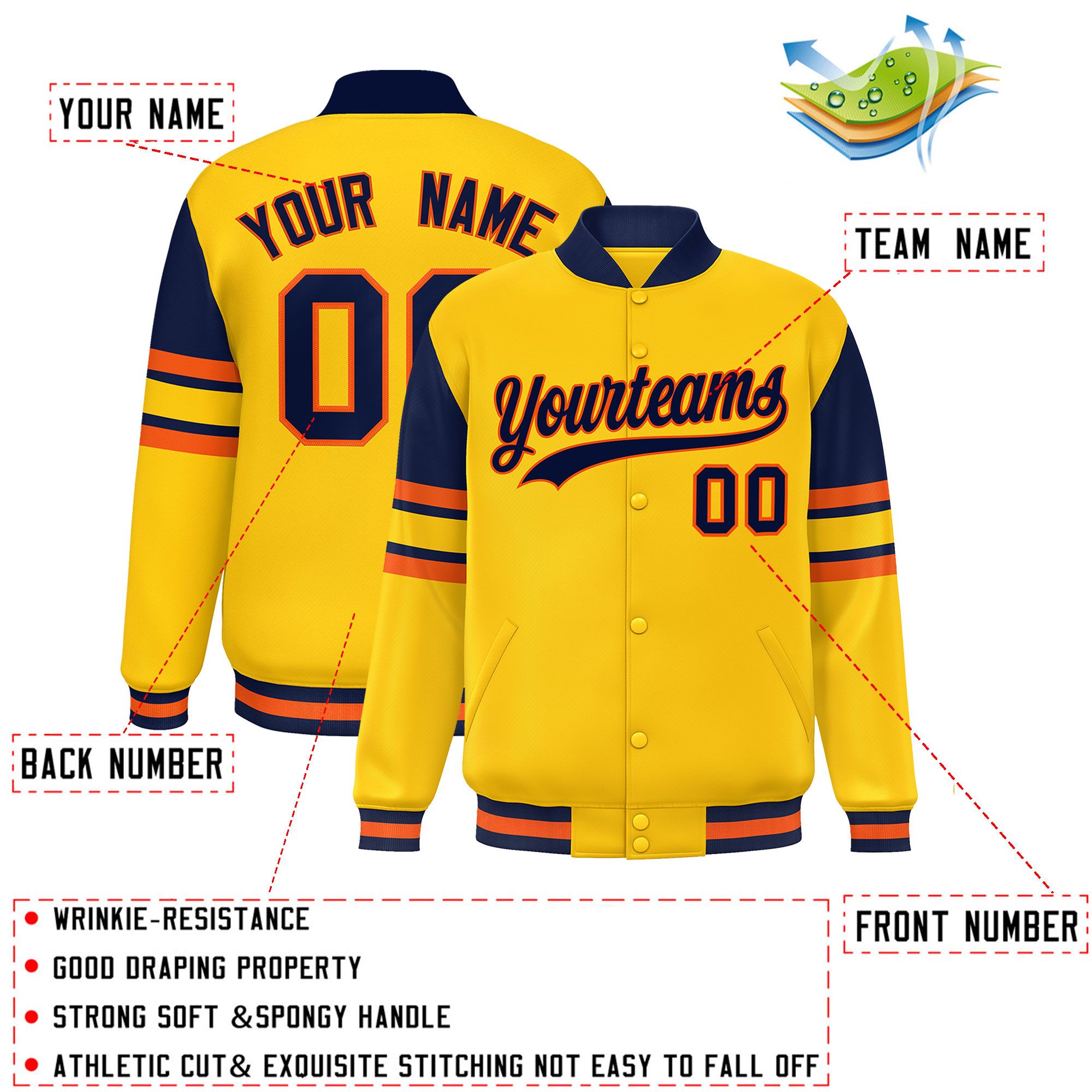 Custom Yellow Varsity Full-Snap Color Block Letterman Jacket