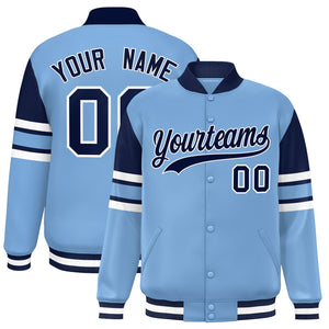 Custom Powder Blue Varsity Full-Snap Color Block Letterman Jacket