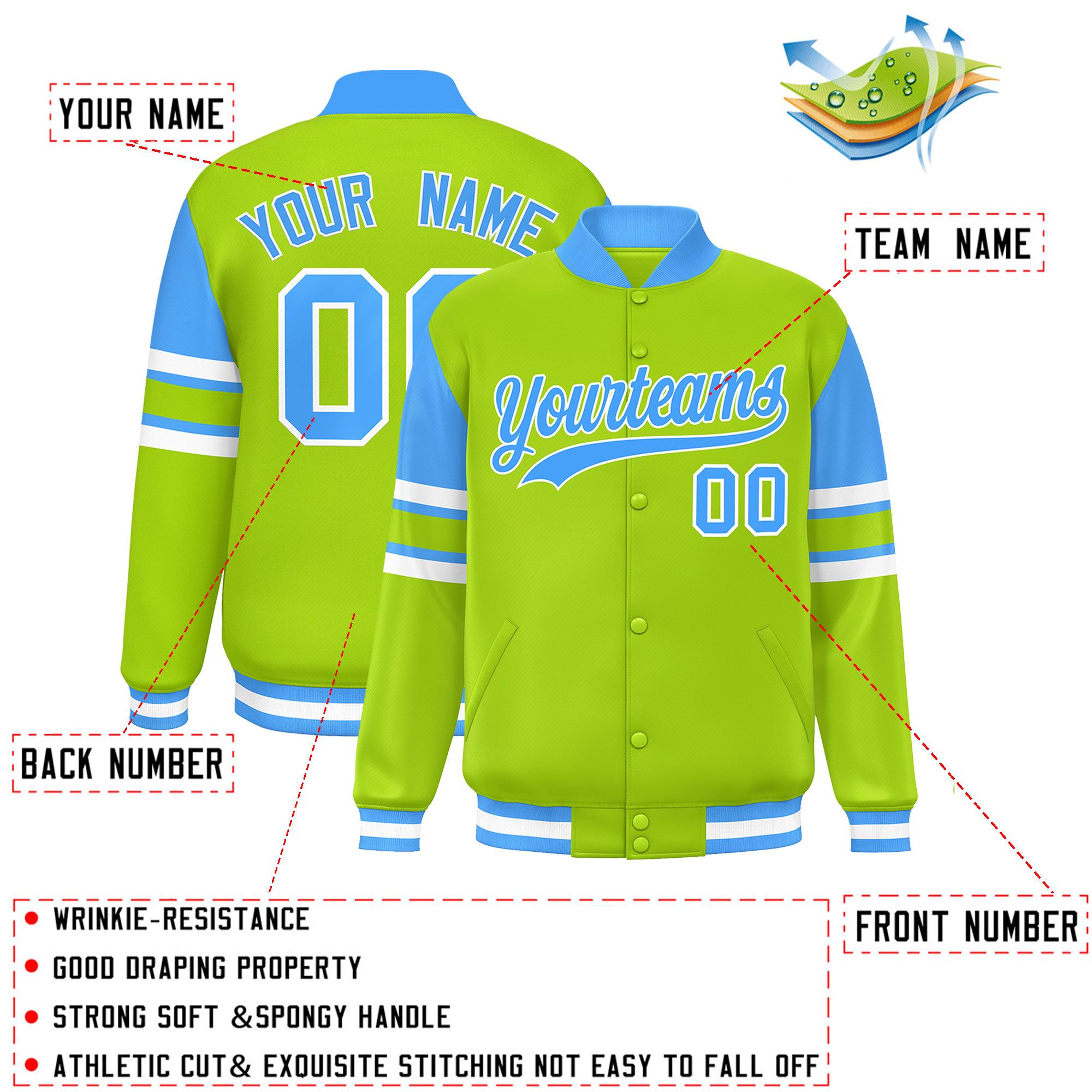 Custom Neon Green Varsity Full-Snap Color Block Letterman Jacket