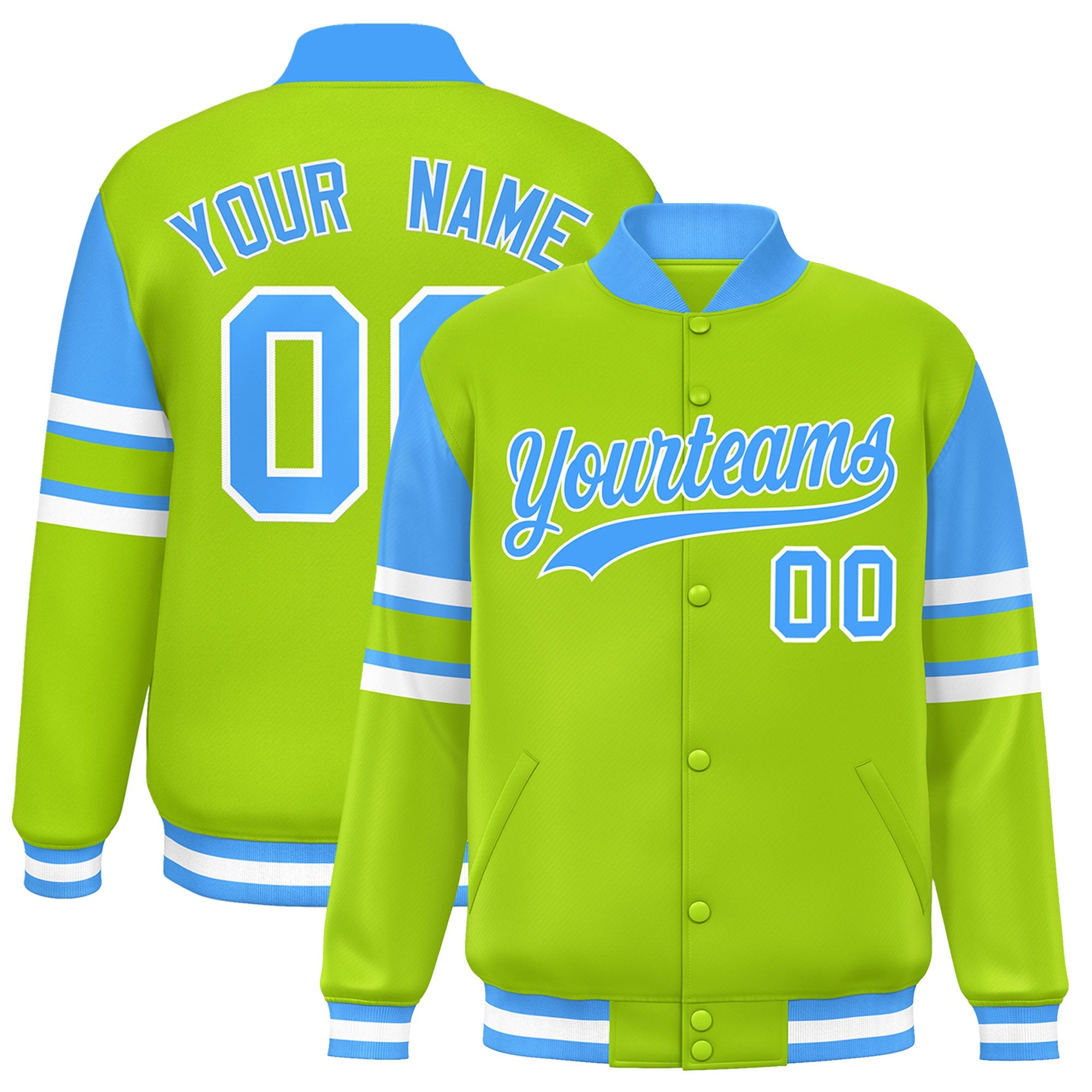 Custom Neon Green Varsity Full-Snap Color Block Letterman Jacket