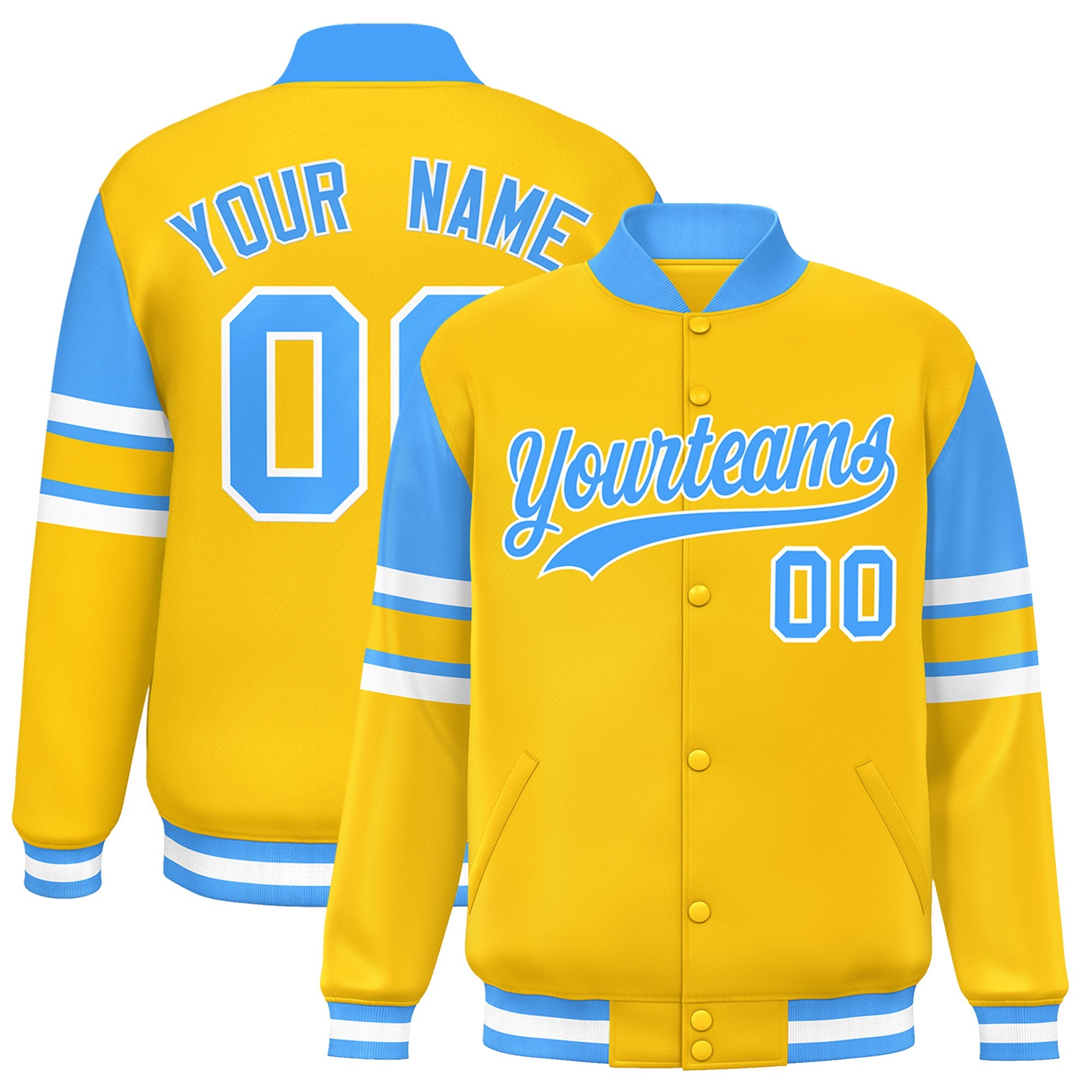 Custom Yellow Varsity Full-Snap Color Block Letterman Jacket