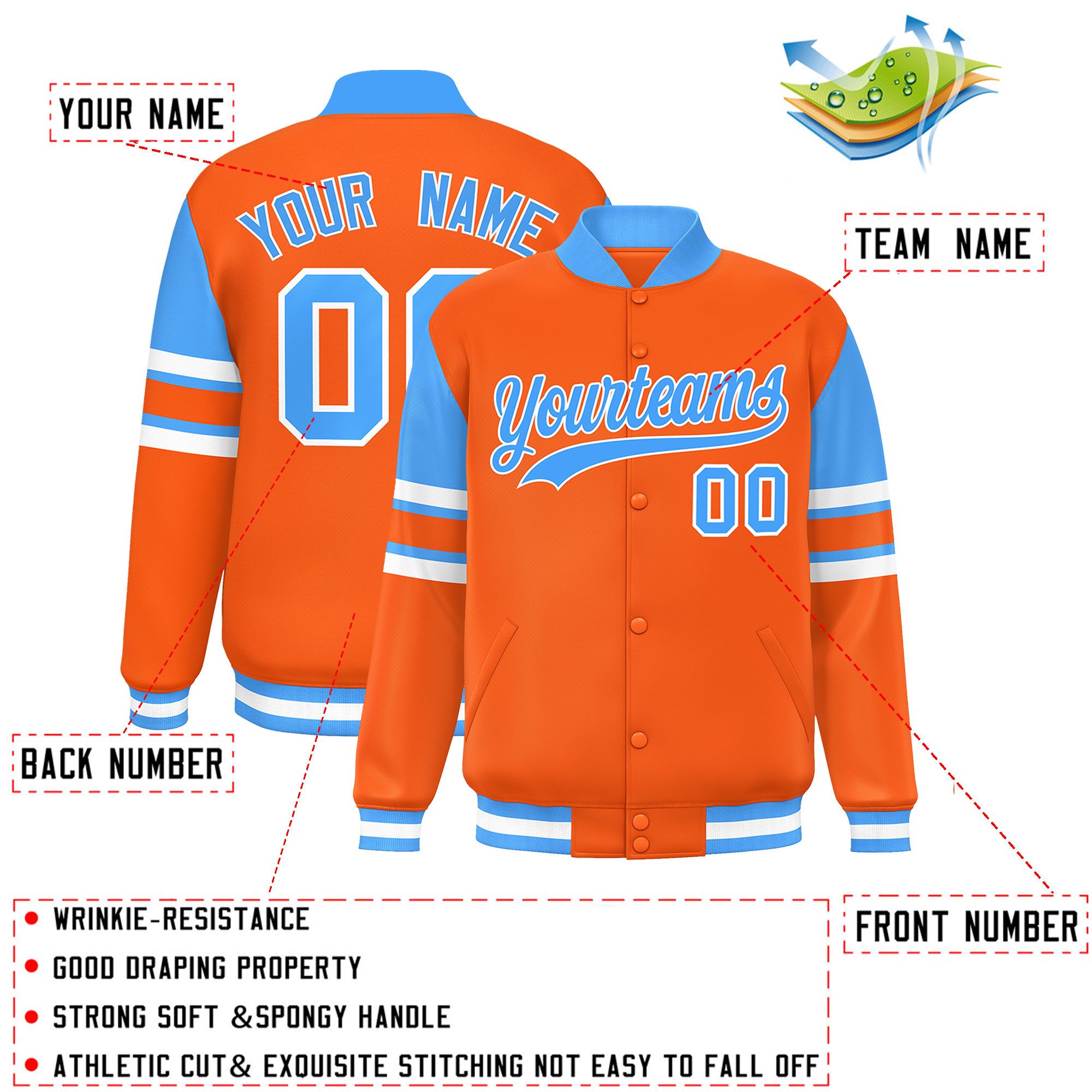 Custom Orange Varsity Full-Snap Color Block Letterman Jacket