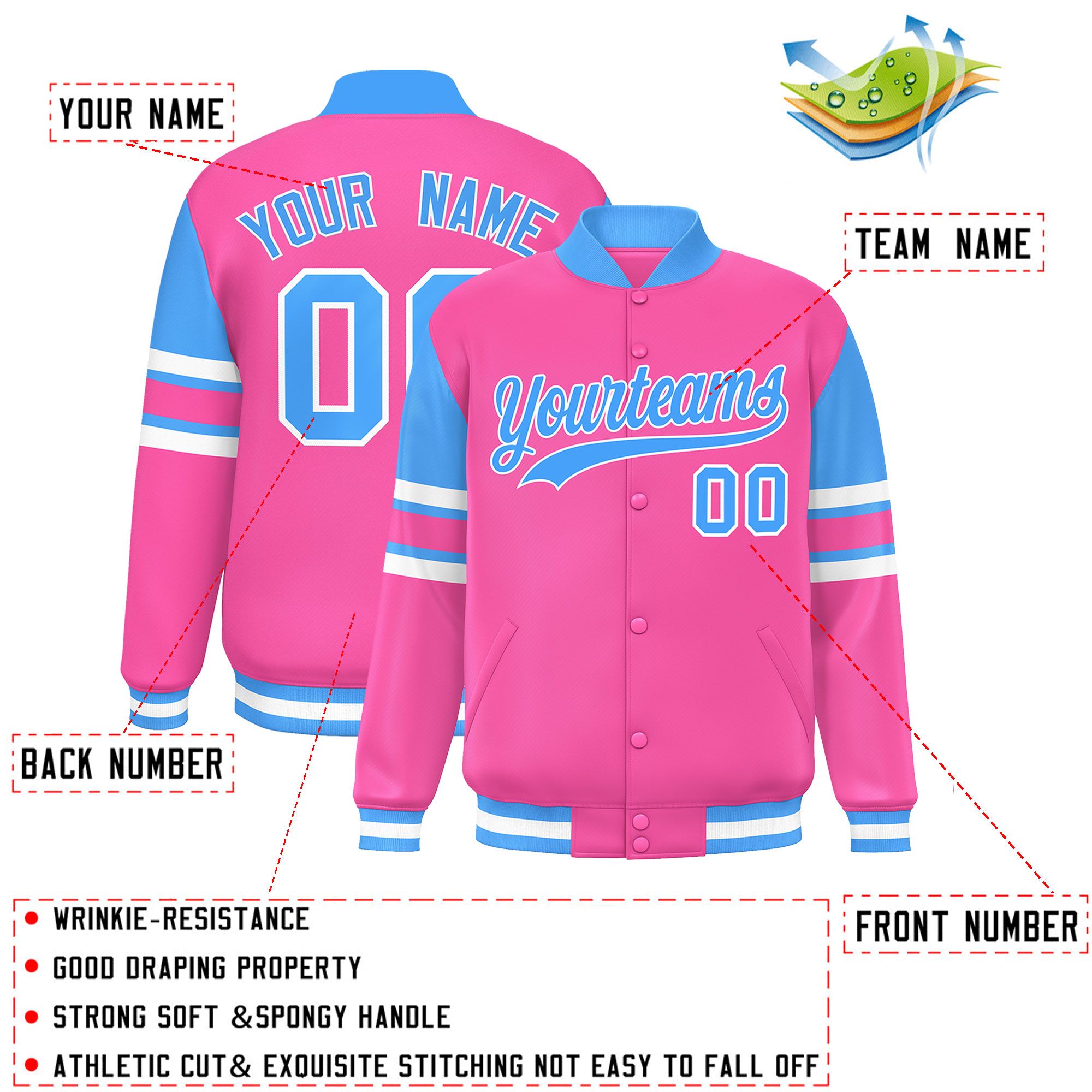 Custom Pink Varsity Full-Snap Color Block Letterman Jacket