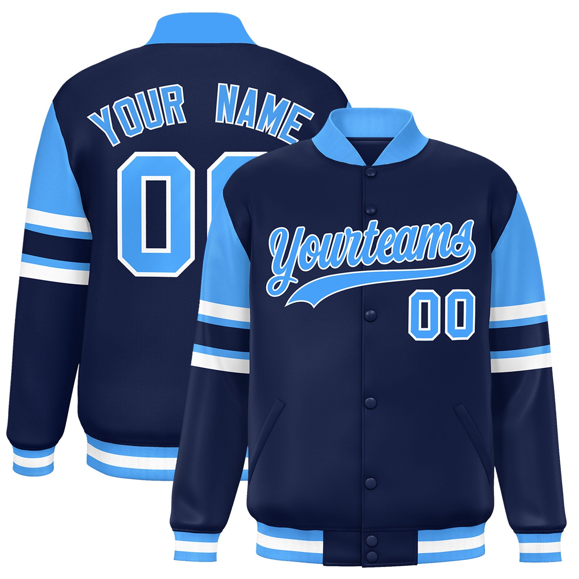 Custom Navy Varsity Full-Snap Color Block Letterman Jacket