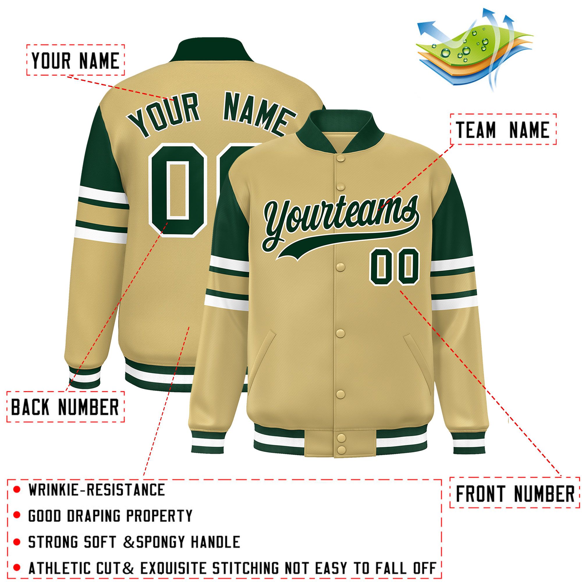 Custom Khaki Varsity Full-Snap Color Block Letterman Jacket