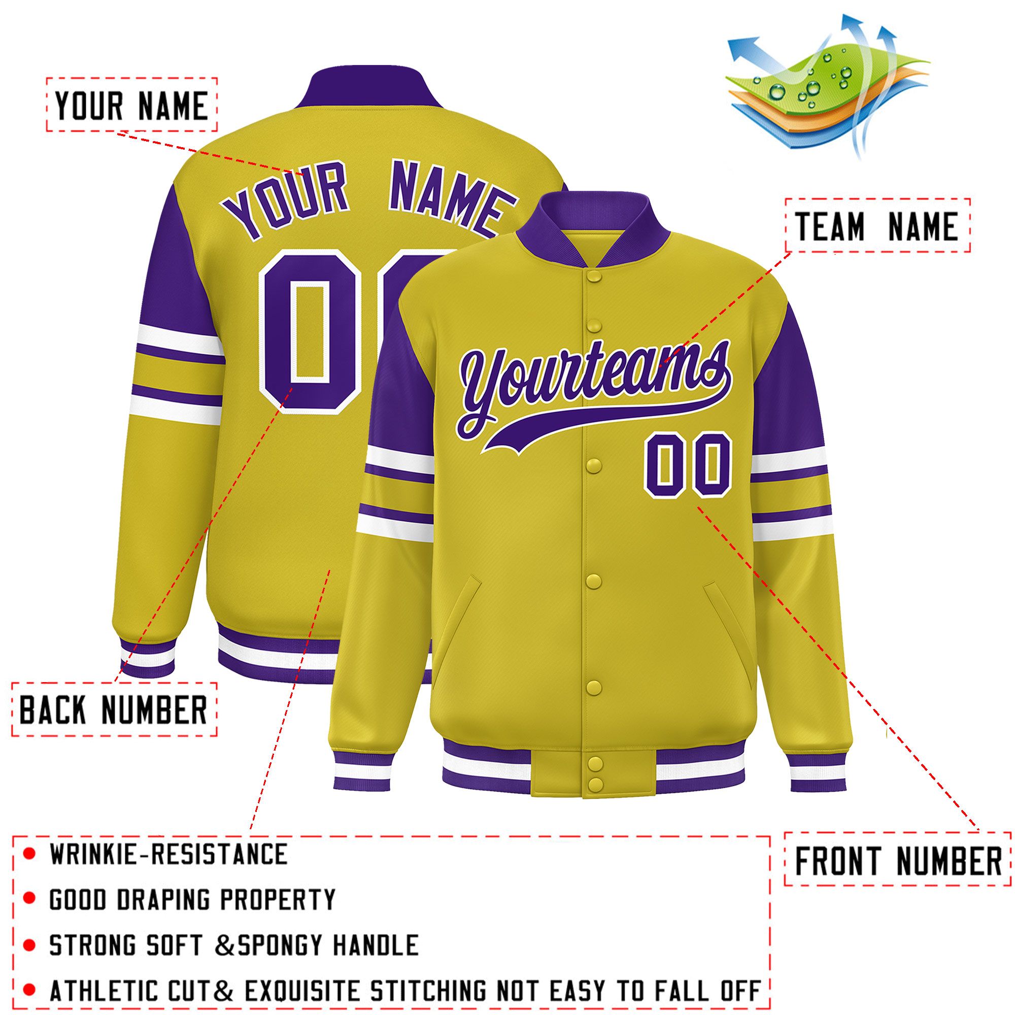 Custom Old Gold Varsity Full-Snap Color Block Letterman Jacket