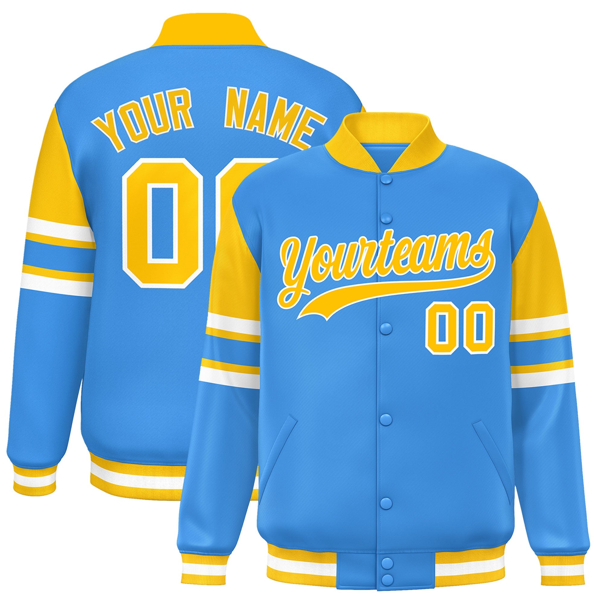 Custom Powder Blue Varsity Full-Snap Color Block Letterman Jacket