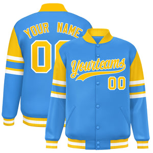 Custom Powder Blue Varsity Full-Snap Color Block Letterman Jacket