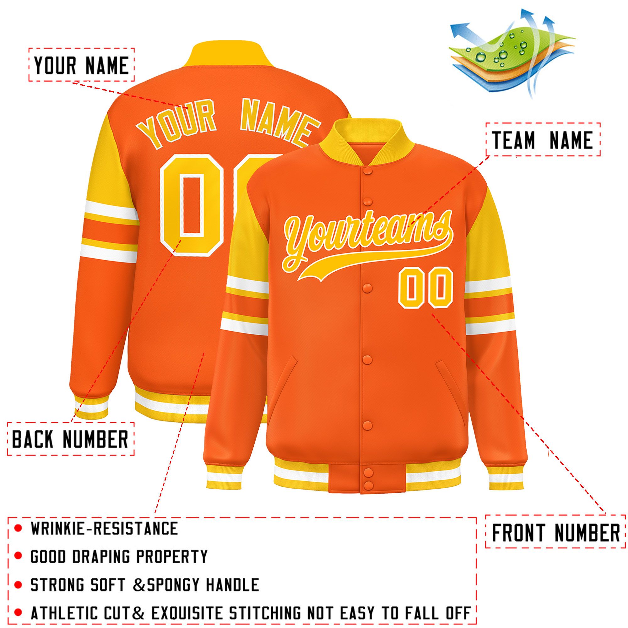 Custom Orange Varsity Full-Snap Color Block Letterman Jacket