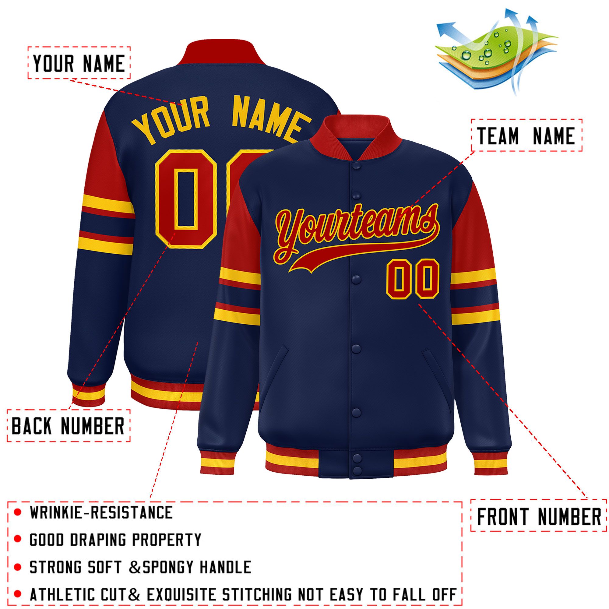 Custom Navy Varsity Full-Snap Color Block Letterman Jacket