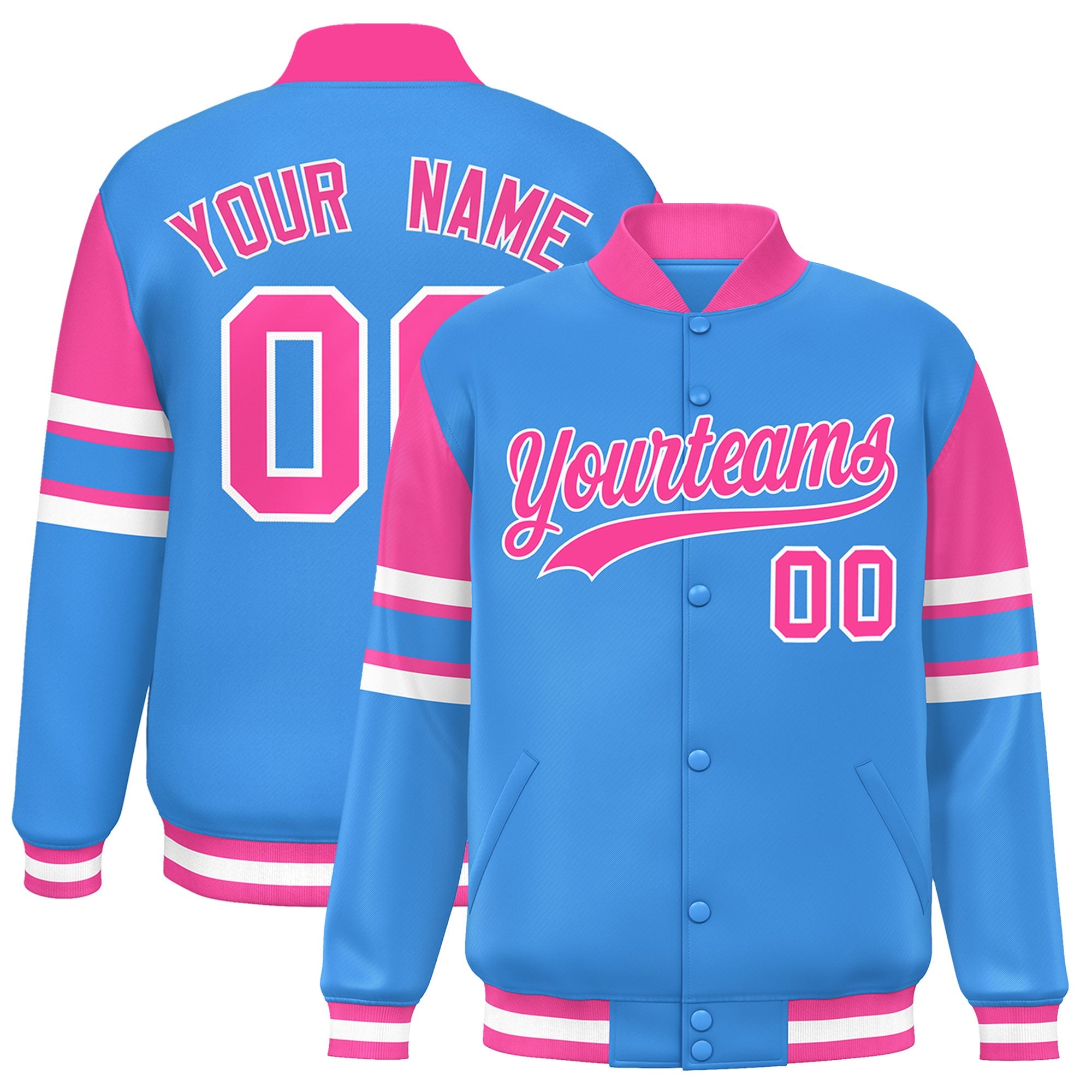 Custom Powder Blue Varsity Full-Snap Color Block Letterman Jacket