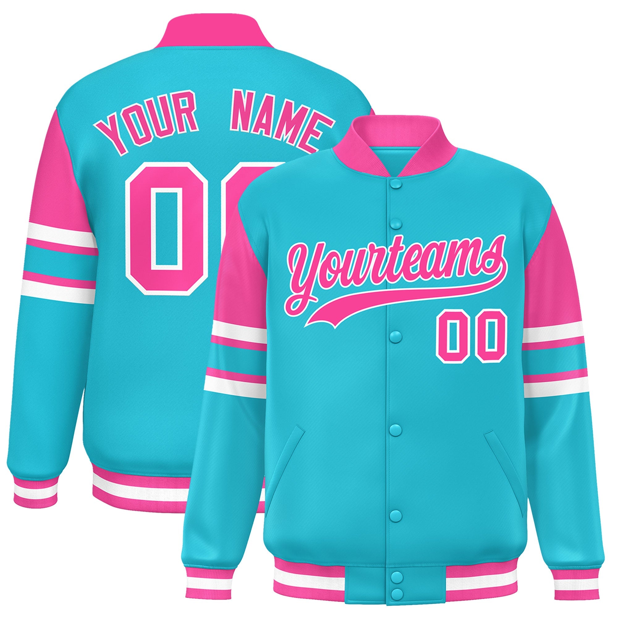 Custom Sky Blue Varsity Full-Snap Color Block Letterman Jacket