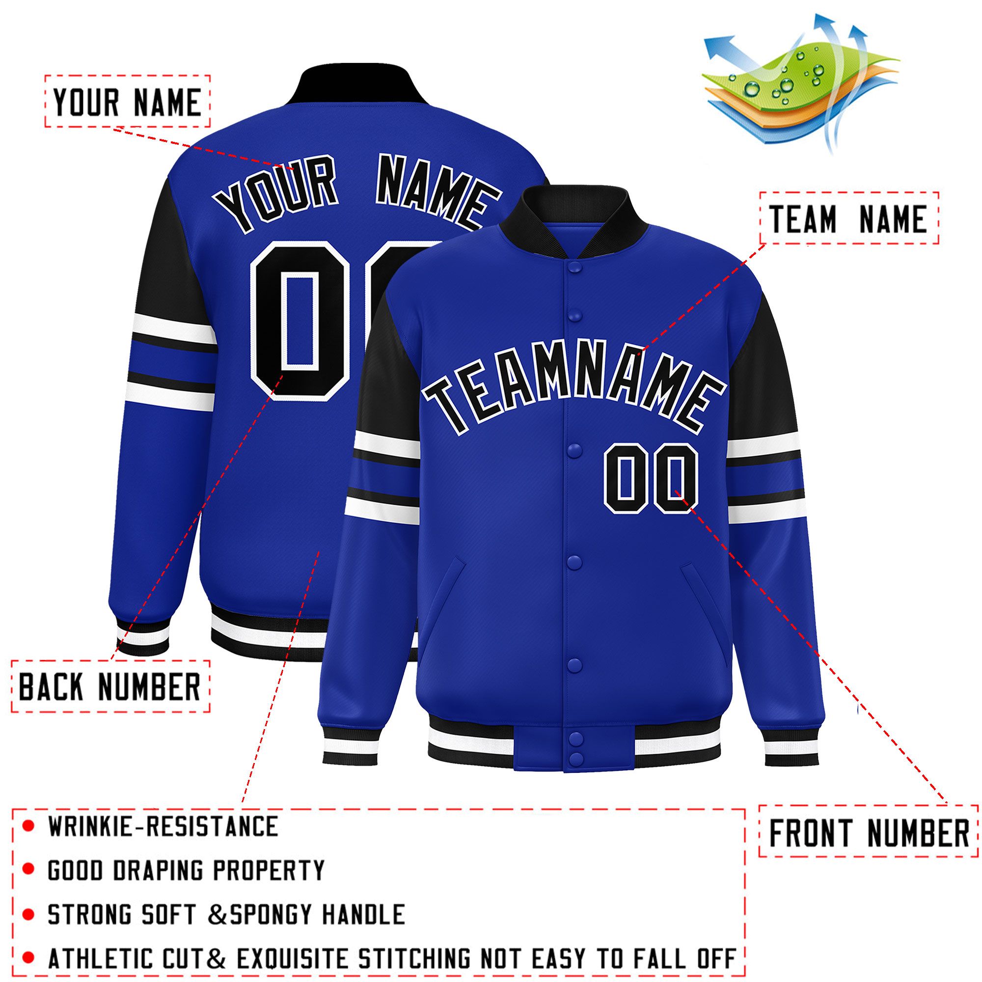 Custom Royal Varsity Full-Snap Color Block Letterman Jacket