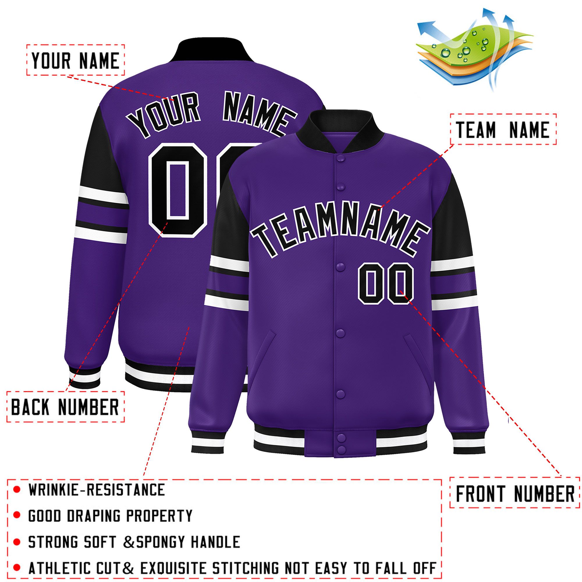 Custom Purple Varsity Full-Snap Color Block Letterman Jacket