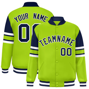 Custom Neon Green Varsity Full-Snap Color Block Letterman Jacket