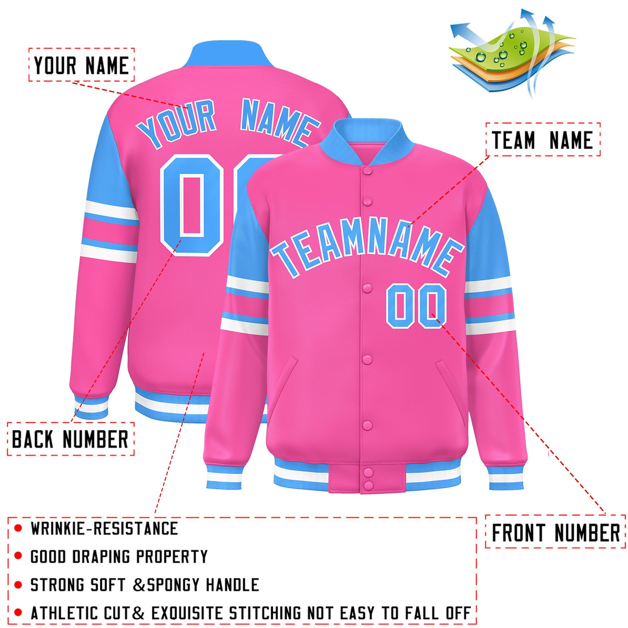 Custom Pink Varsity Full-Snap Color Block Letterman Jacket