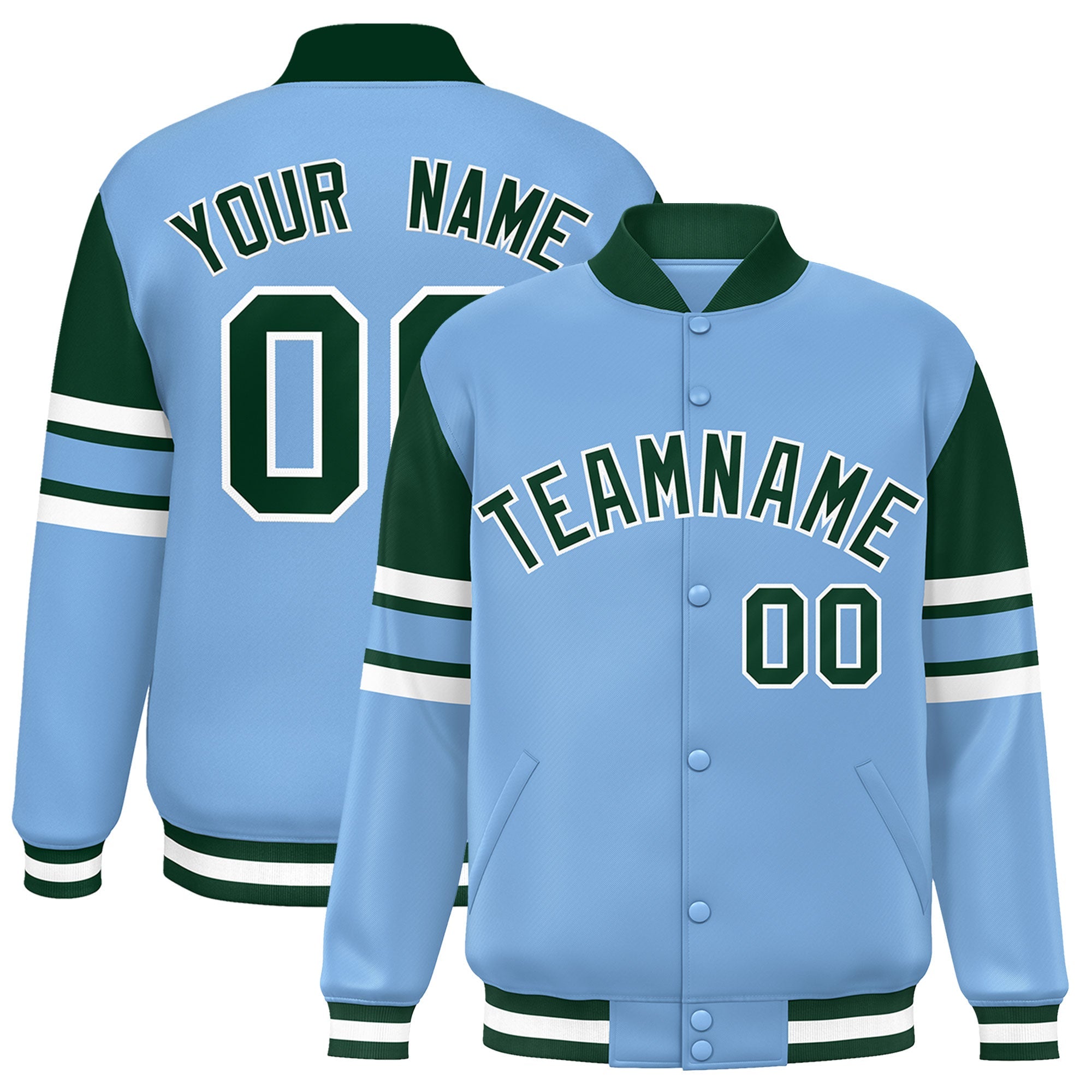 Custom Powder Blue Varsity Full-Snap Color Block Letterman Jacket