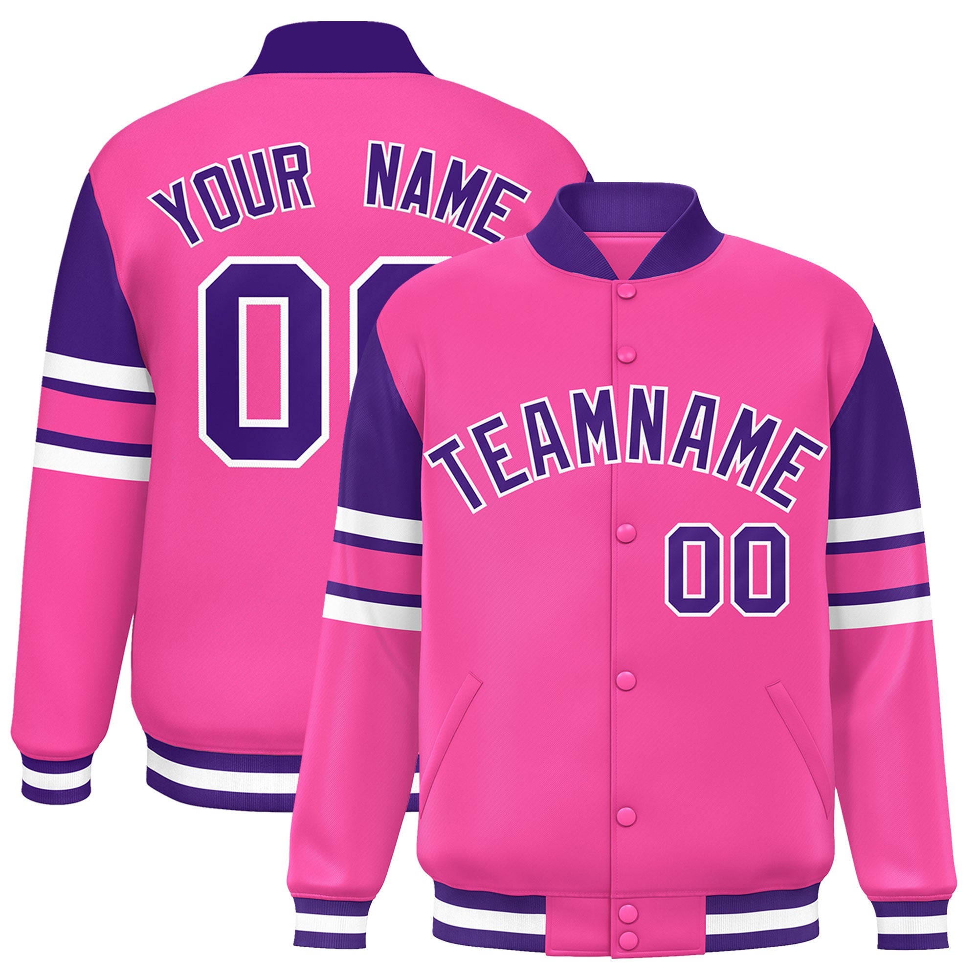 Custom Pink Varsity Full-Snap Color Block Letterman Jacket