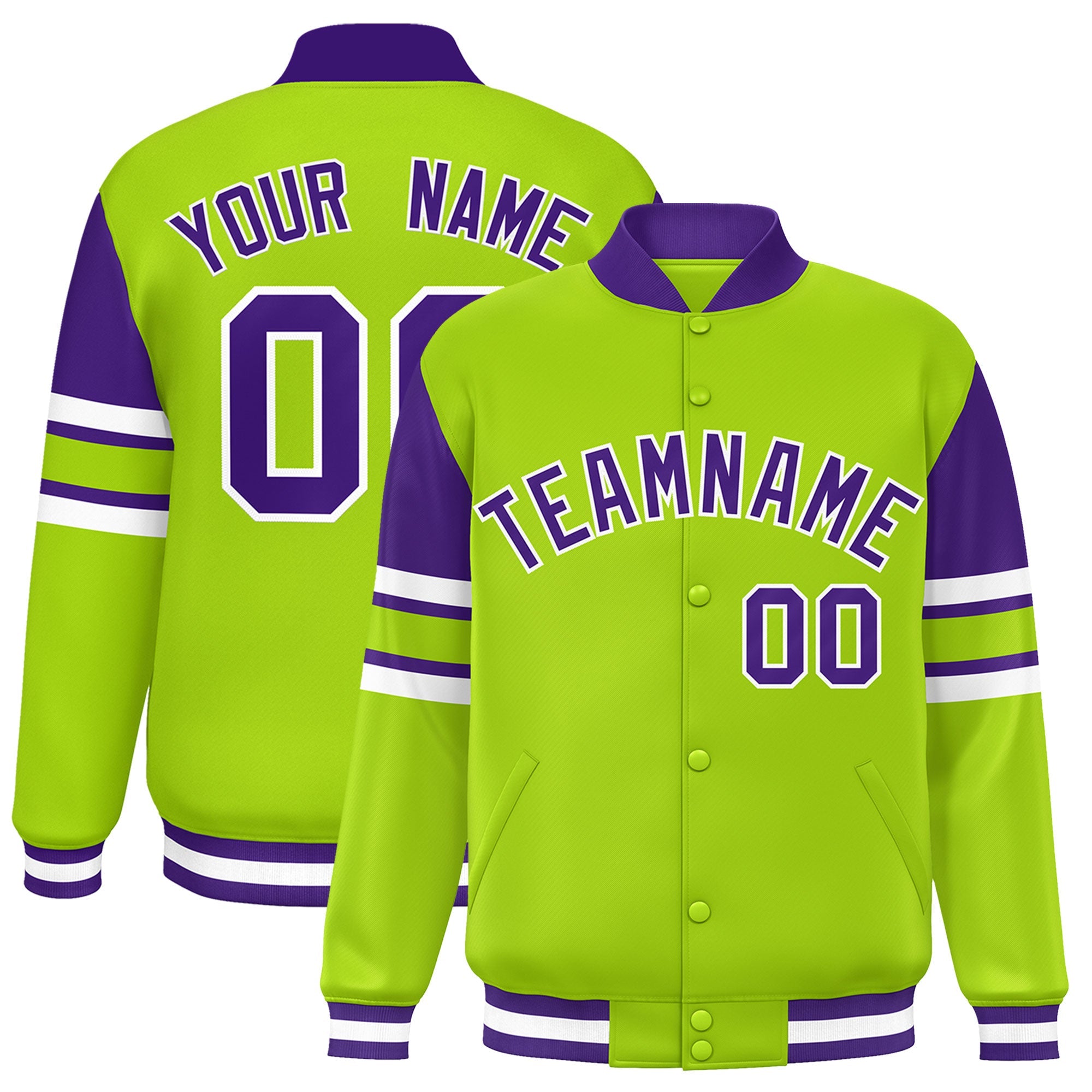 Custom Neon Green Varsity Full-Snap Color Block Letterman Jacket