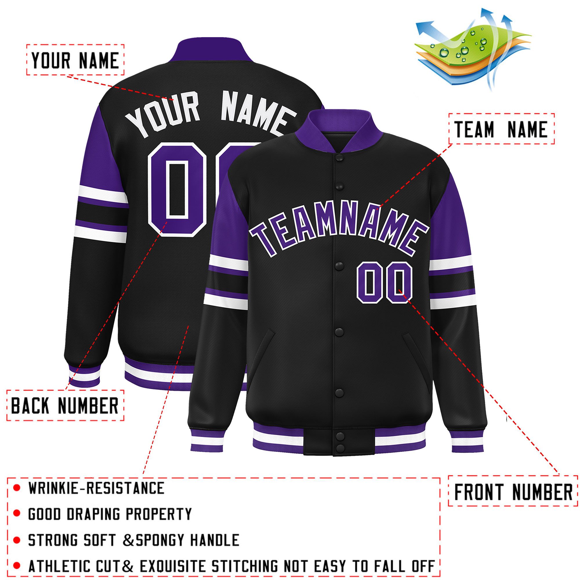 Custom Black Varsity Full-Snap Color Block Letterman Jacket