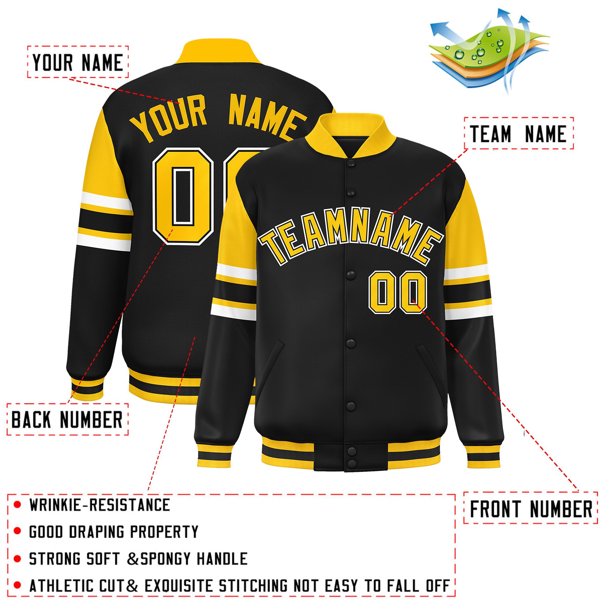 Custom Black Varsity Full-Snap Color Block Letterman Jacket