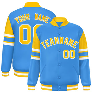 Custom Powder Blue Varsity Full-Snap Color Block Letterman Jacket