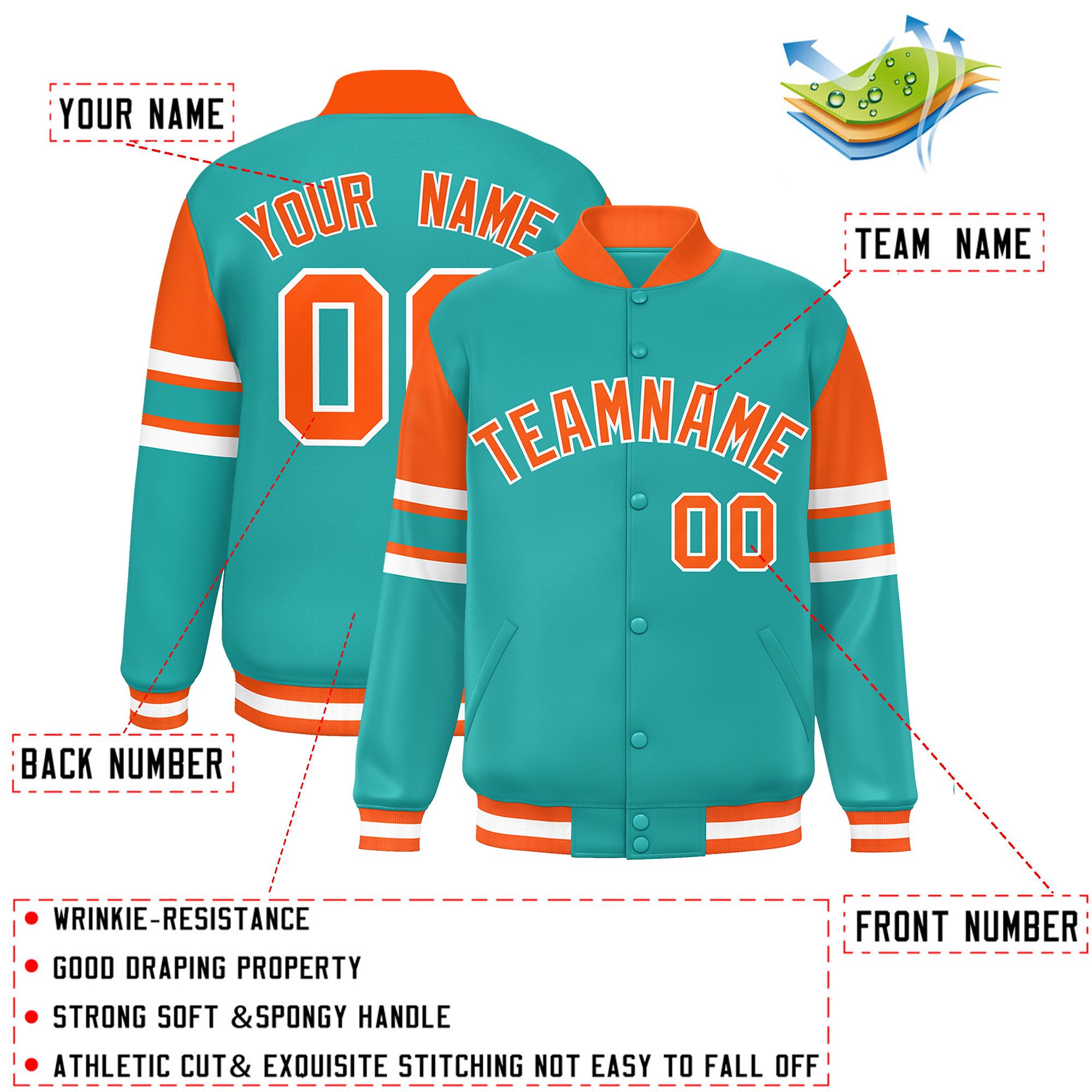 Custom Aqua Varsity Full-Snap Color Block Letterman Jacket