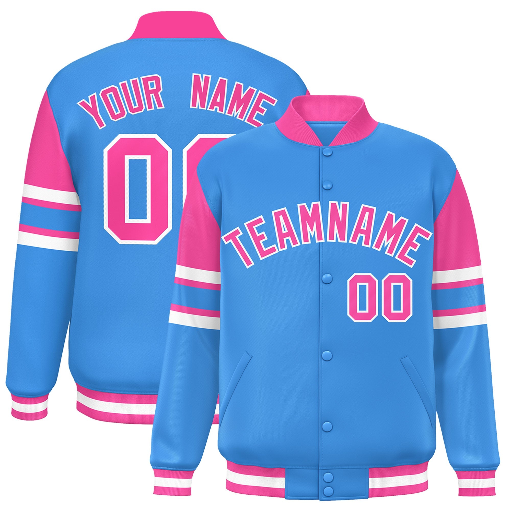 Custom Powder Blue Varsity Full-Snap Color Block Letterman Jacket