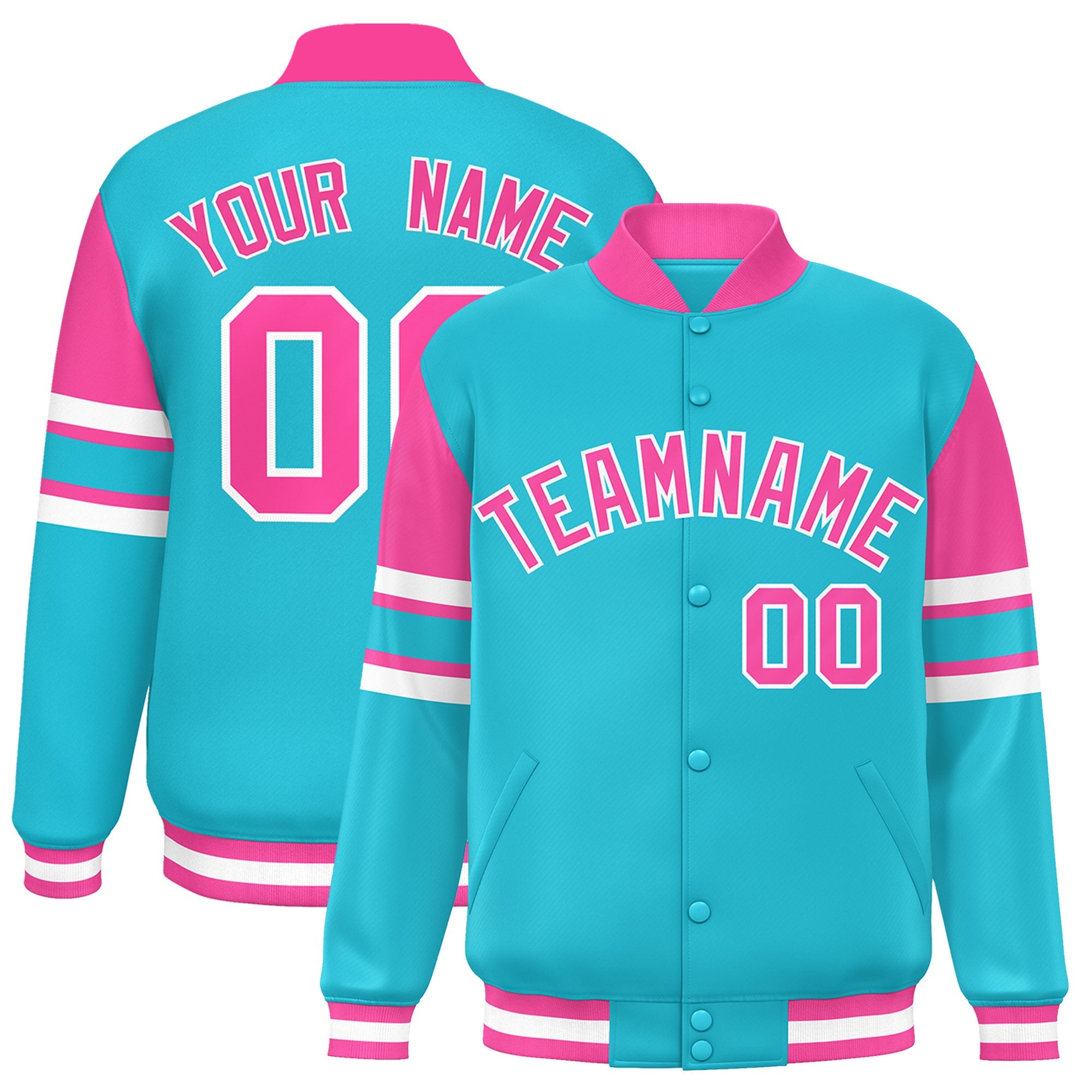 Custom Sky Blue Varsity Full-Snap Color Block Letterman Jacket