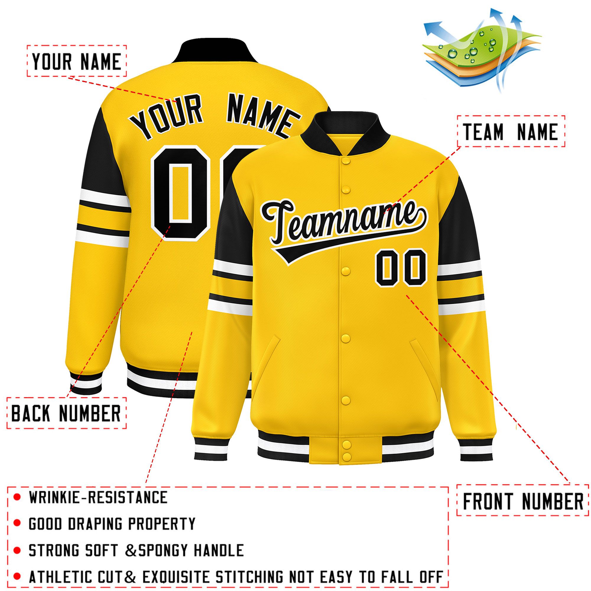 Custom Yellow Varsity Full-Snap Color Block Letterman Jacket