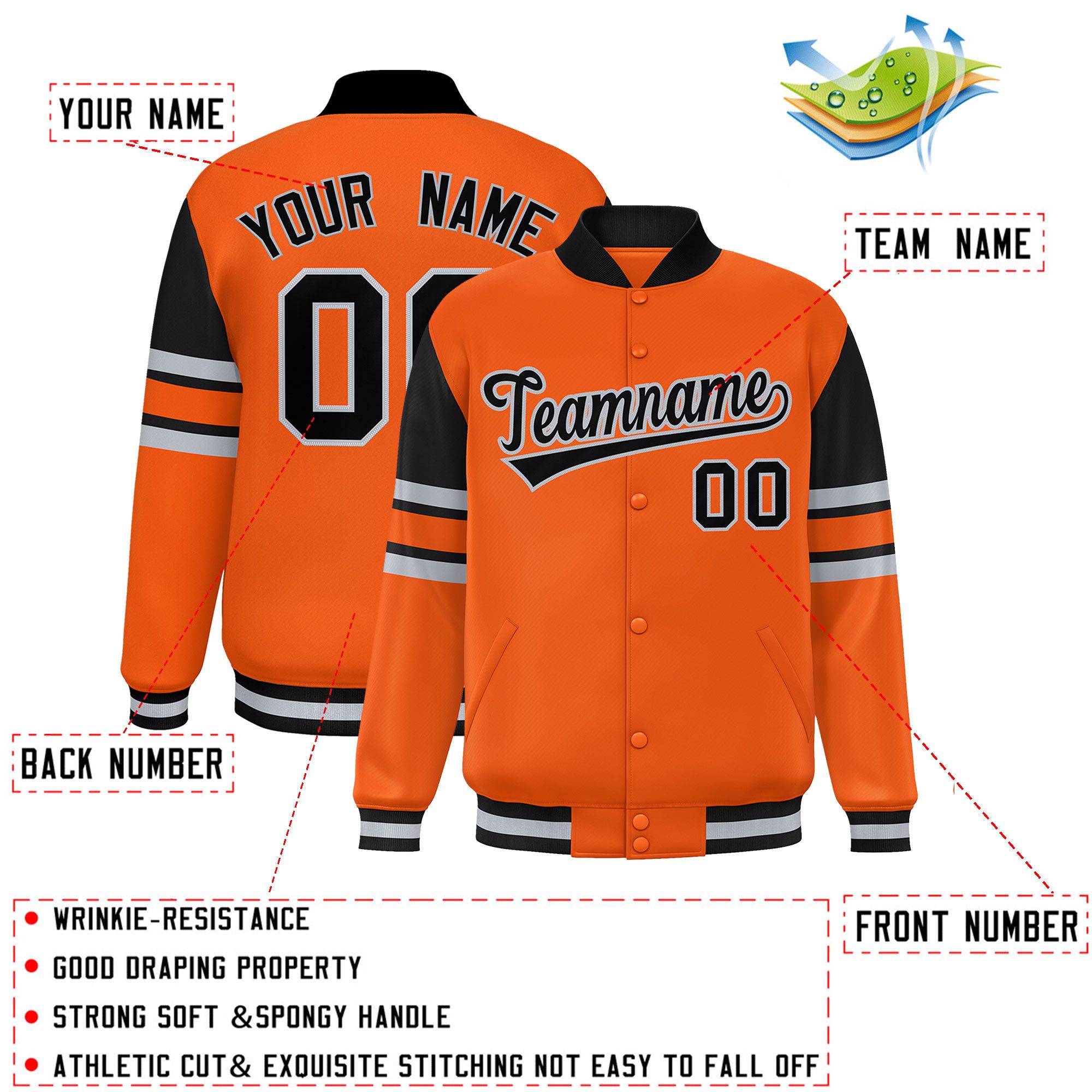 Custom Orange Varsity Full-Snap Color Block Letterman Jacket