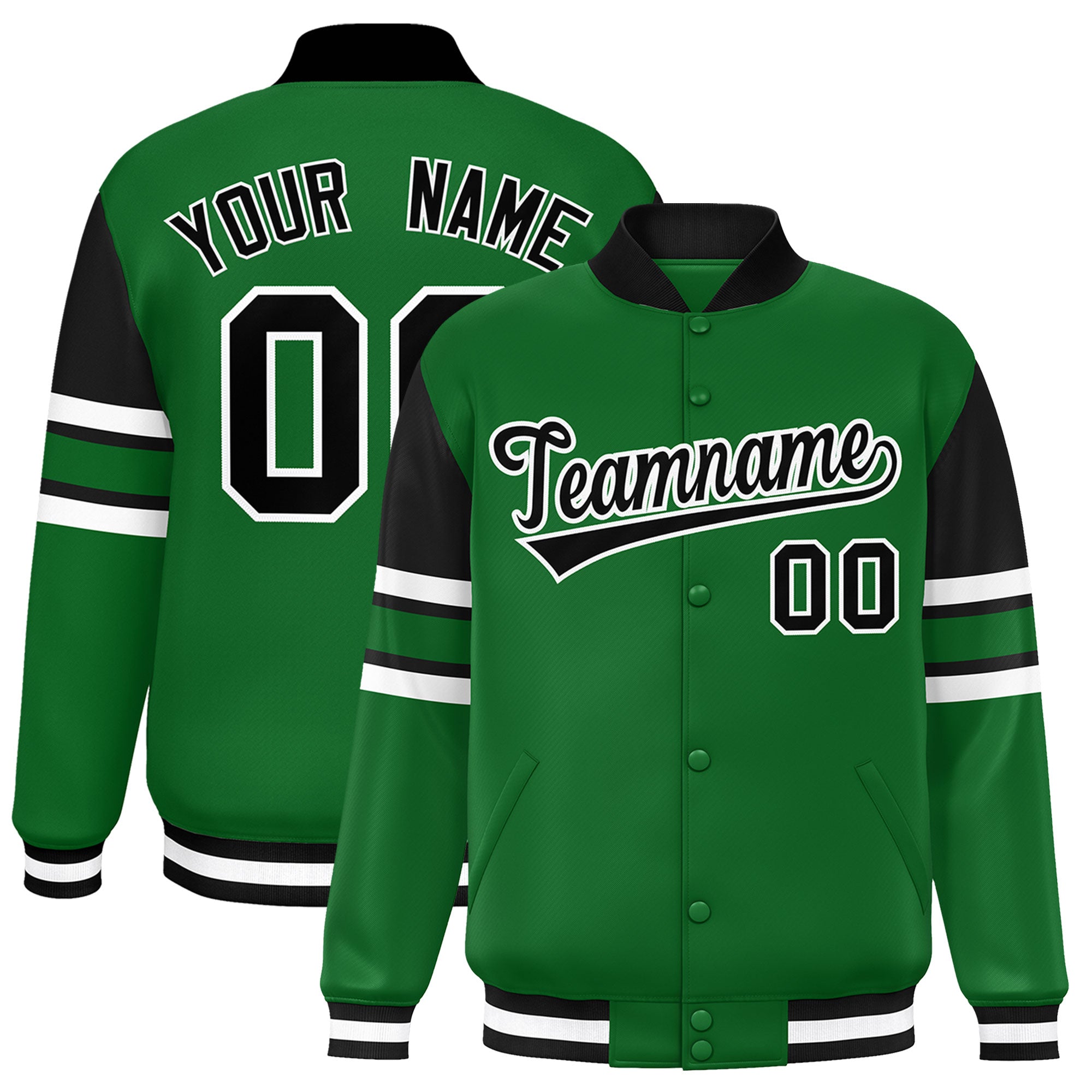 Custom Green Varsity Full-Snap Color Block Letterman Jacket