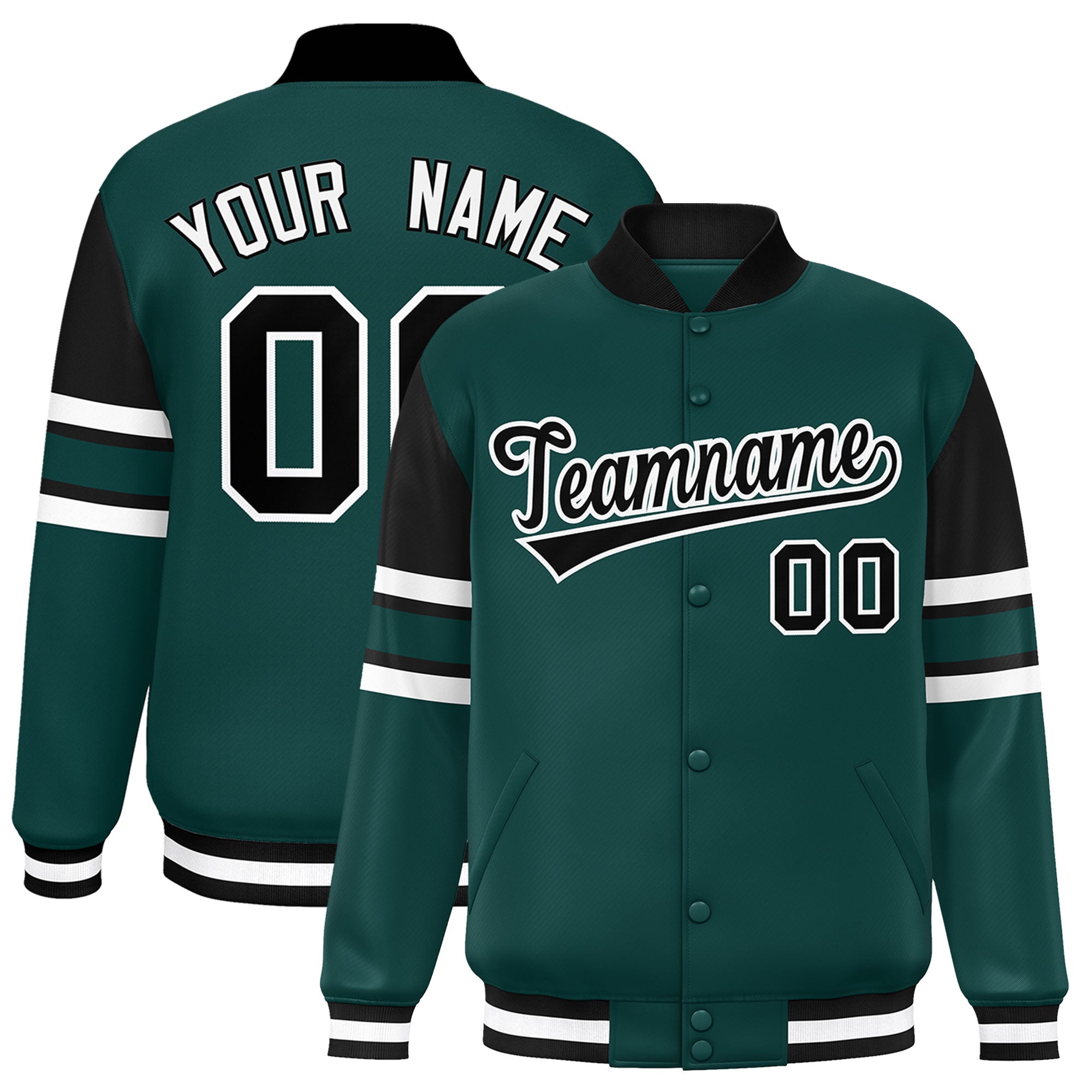 Custom Midnight Green Varsity Full-Snap Color Block Letterman Jacket