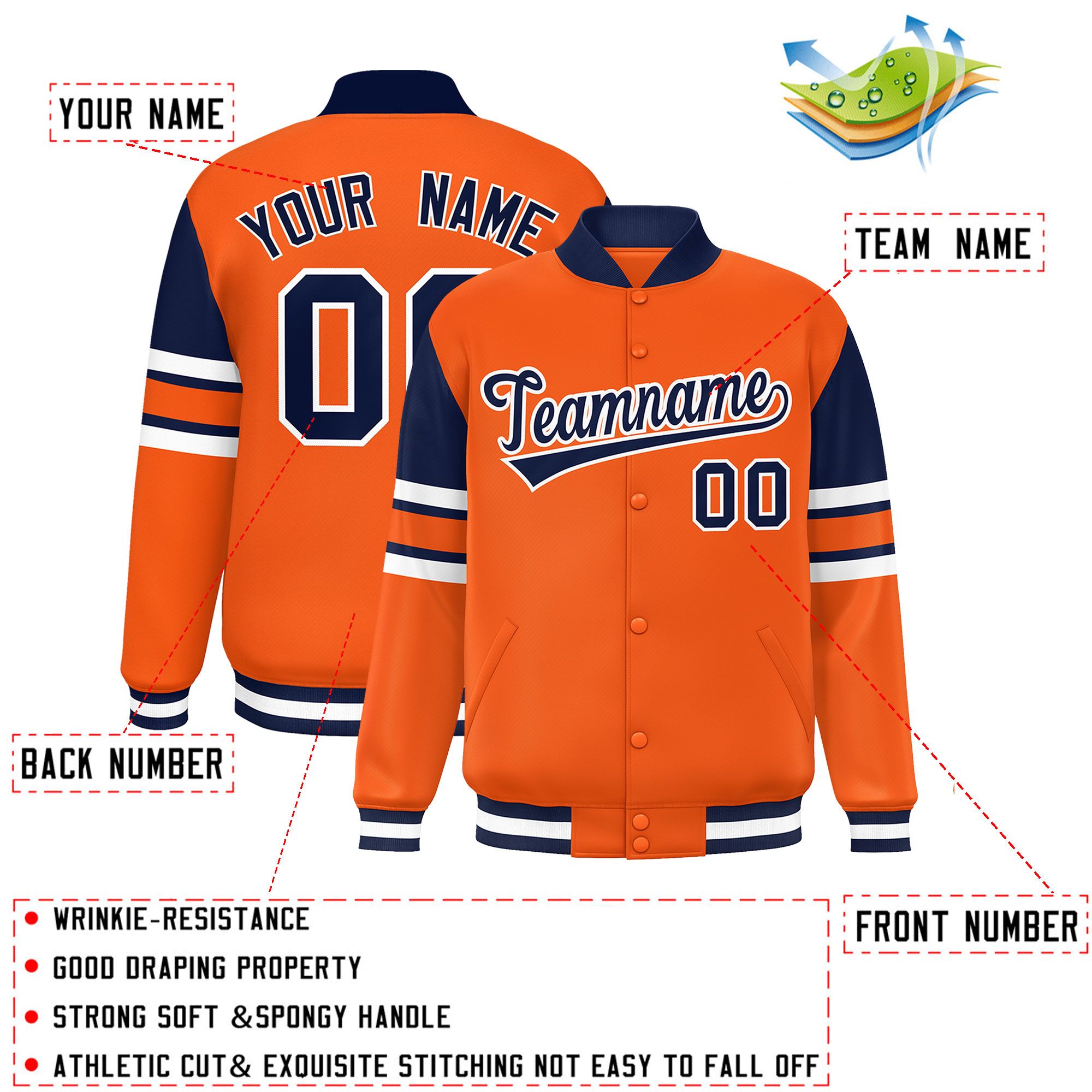 Custom Orange Varsity Full-Snap Color Block Letterman Jacket