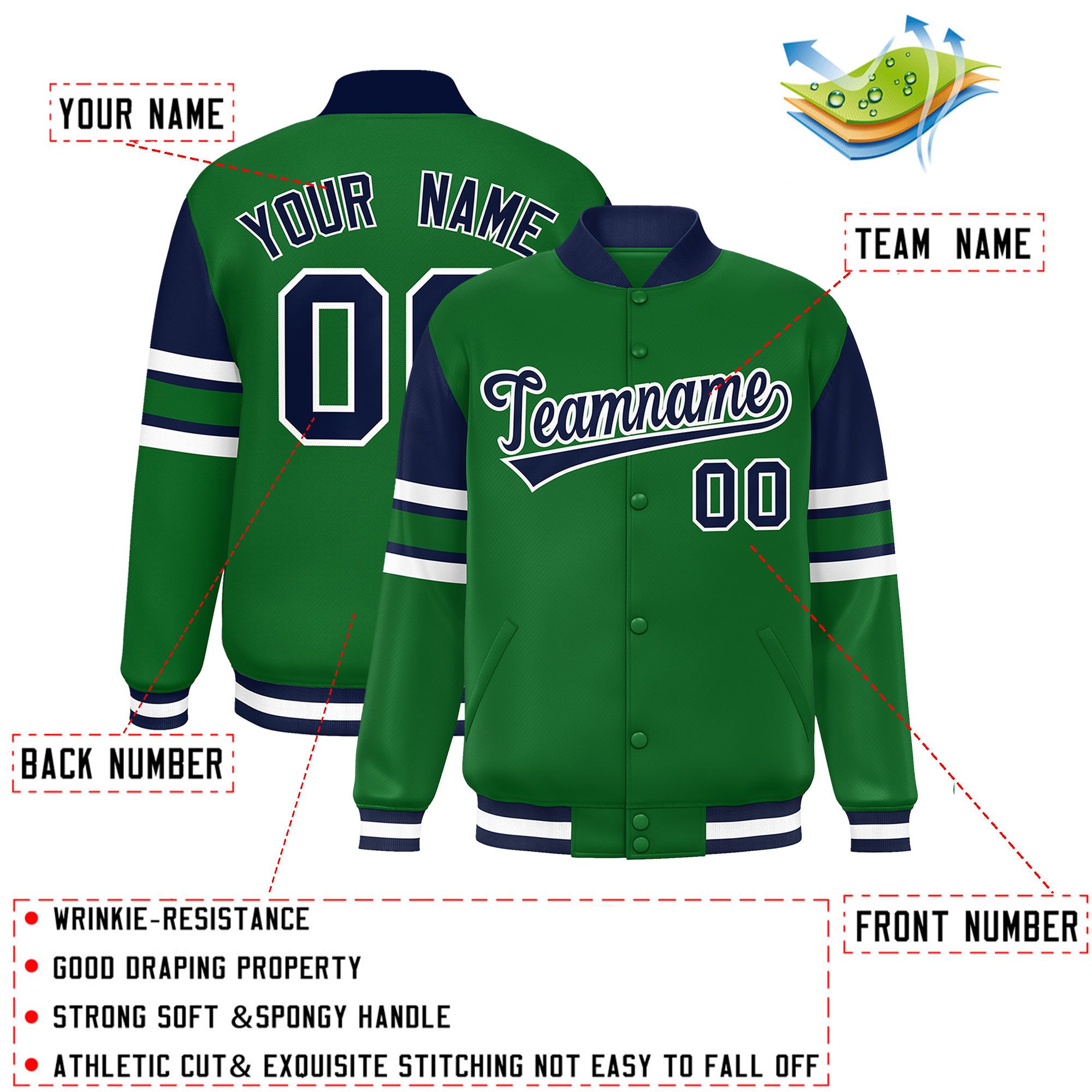 Custom Green Varsity Full-Snap Color Block Letterman Jacket