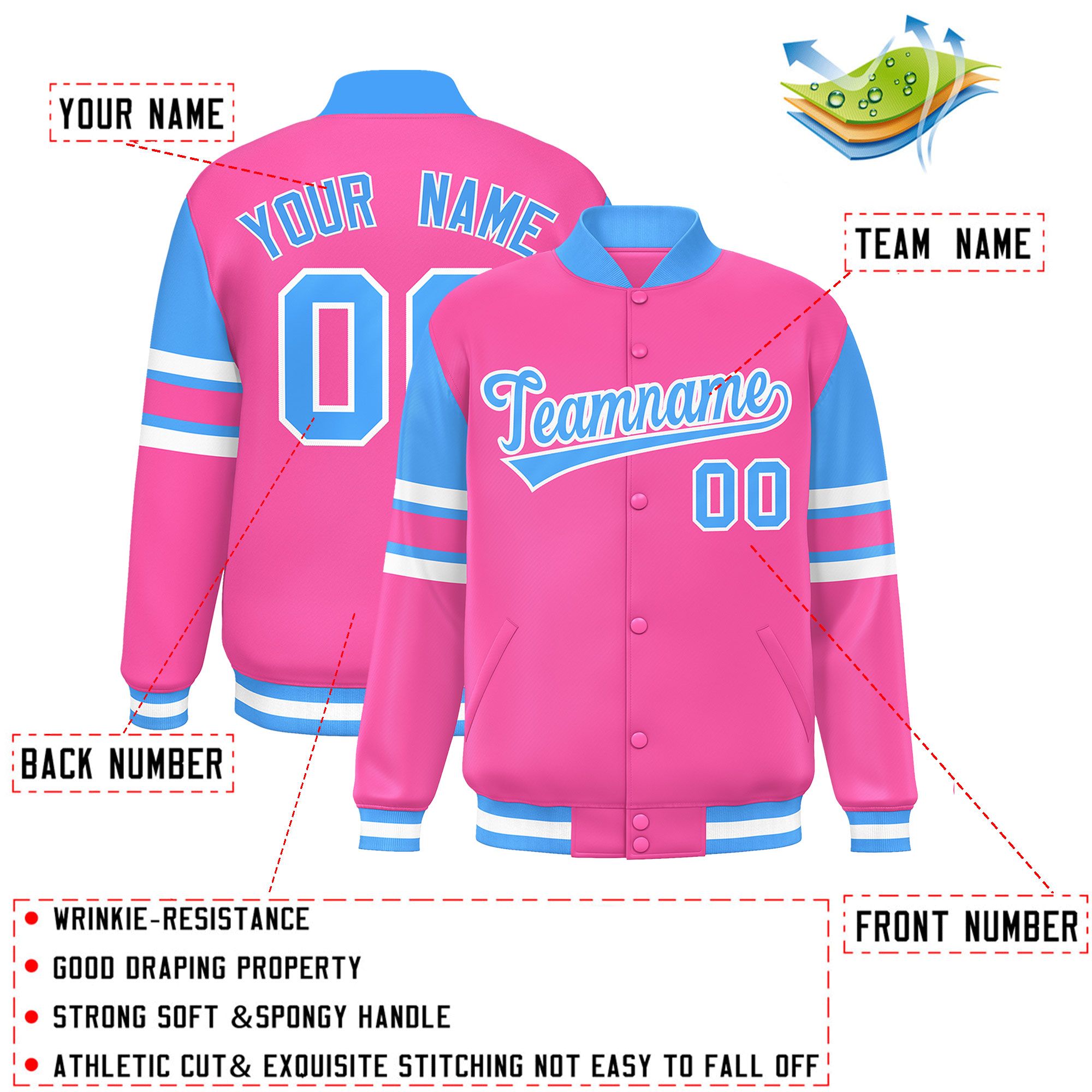 Custom Pink Varsity Full-Snap Color Block Letterman Jacket