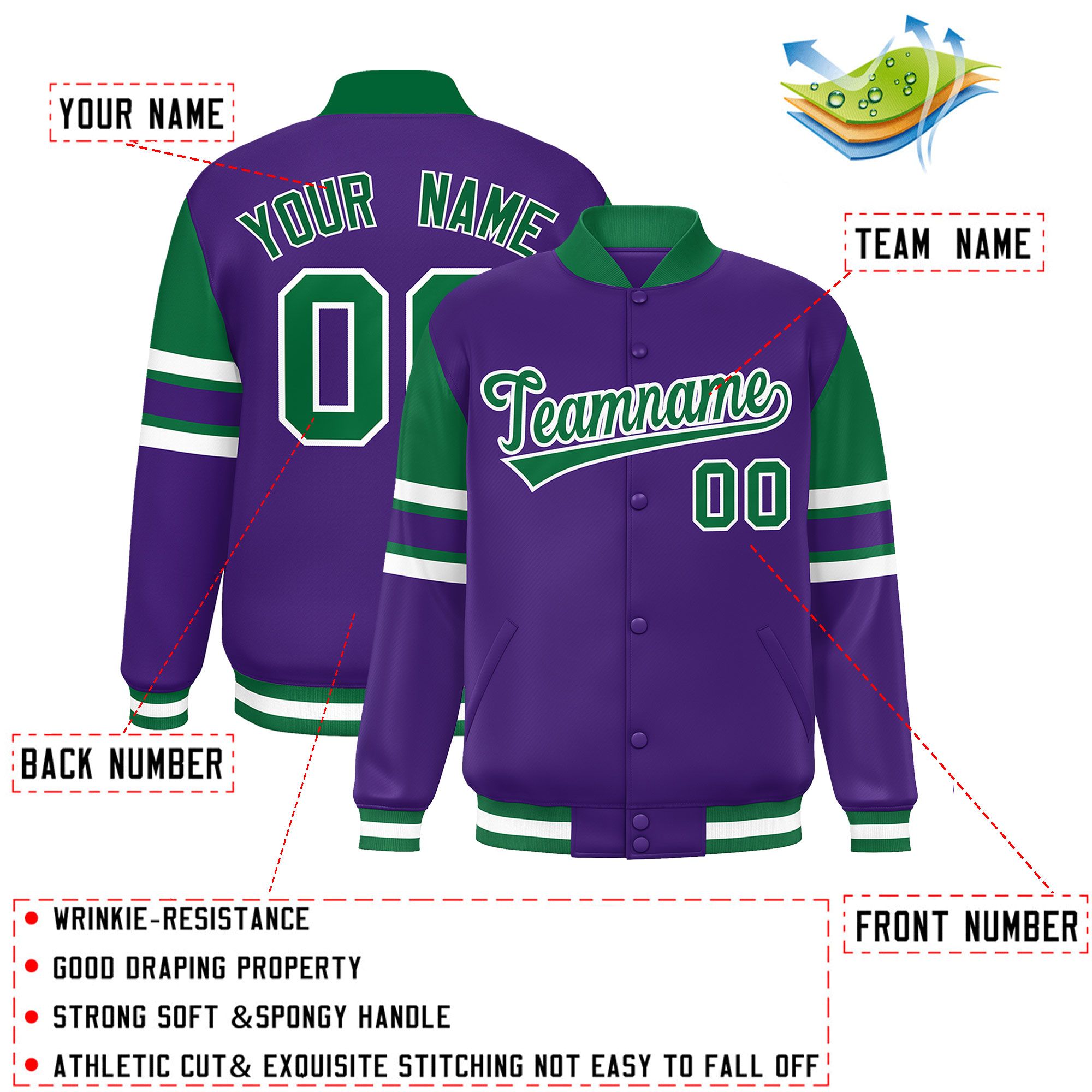 Custom Purple Varsity Full-Snap Color Block Letterman Jacket