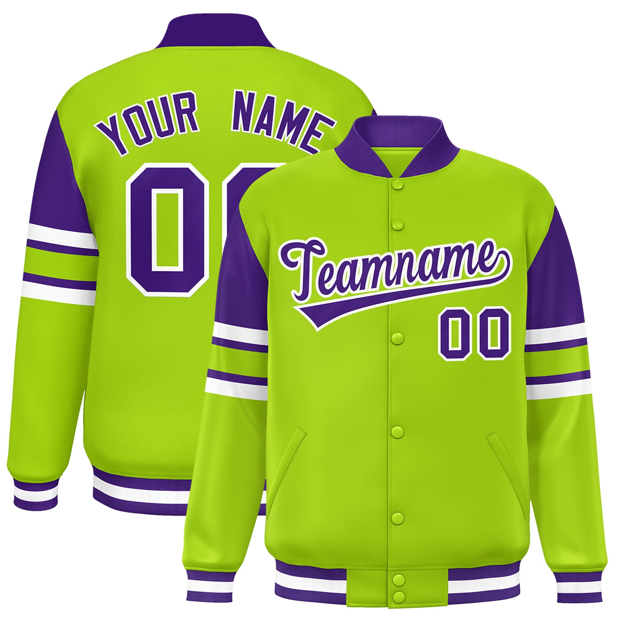 Custom Neon Green Varsity Full-Snap Color Block Letterman Jacket